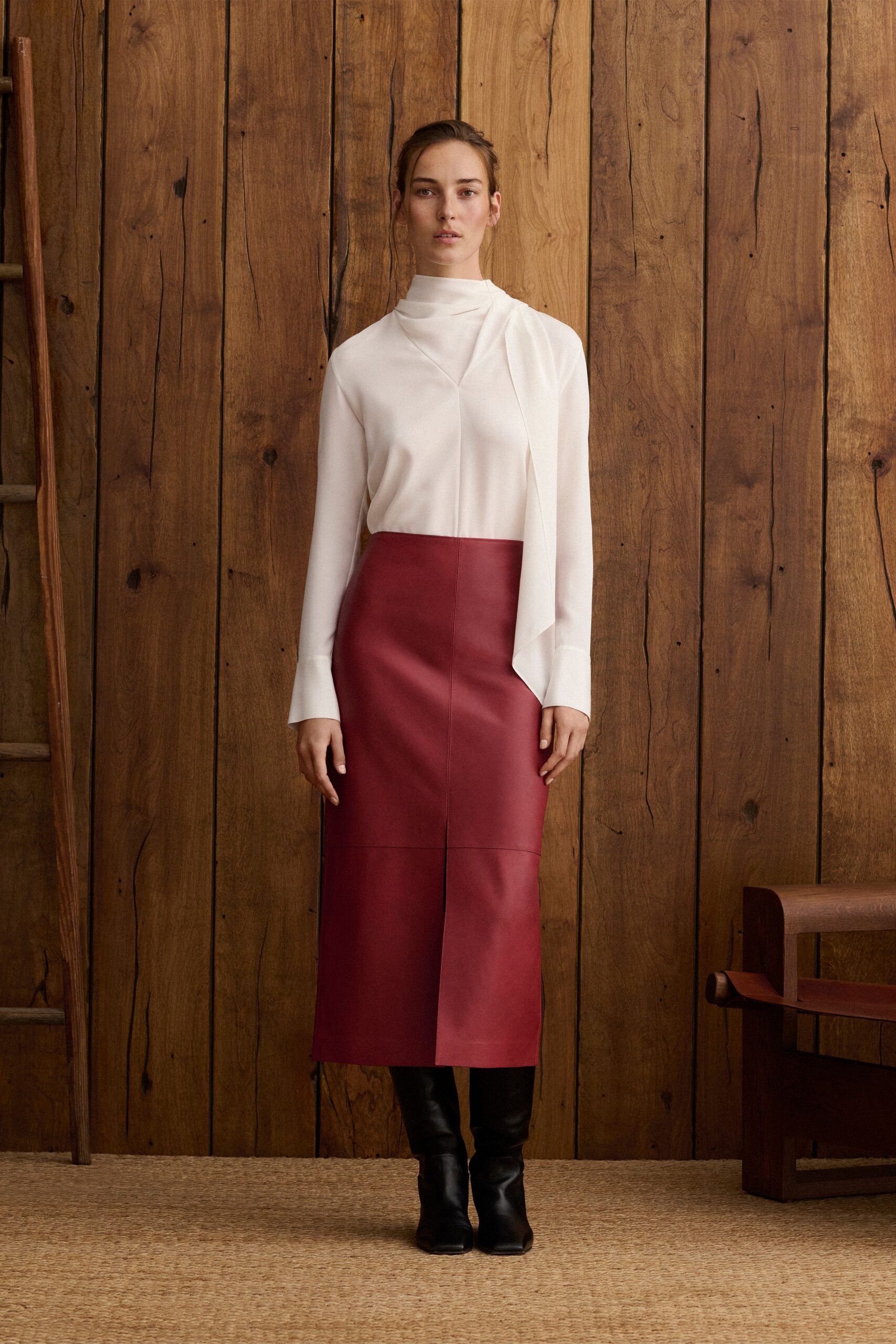 red leather fitted pencil midi skirt