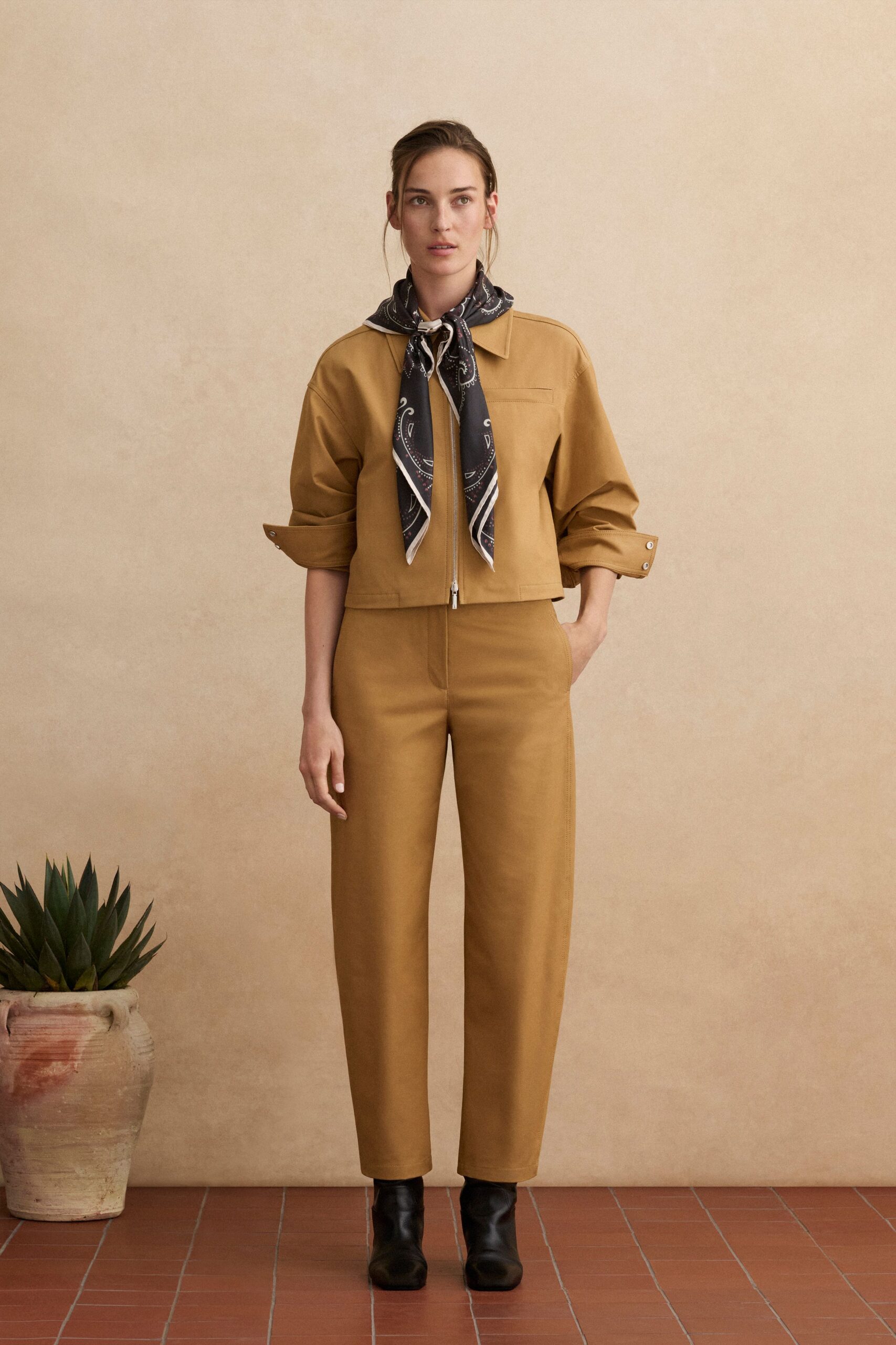 brown cotton relaxed straight-leg pants