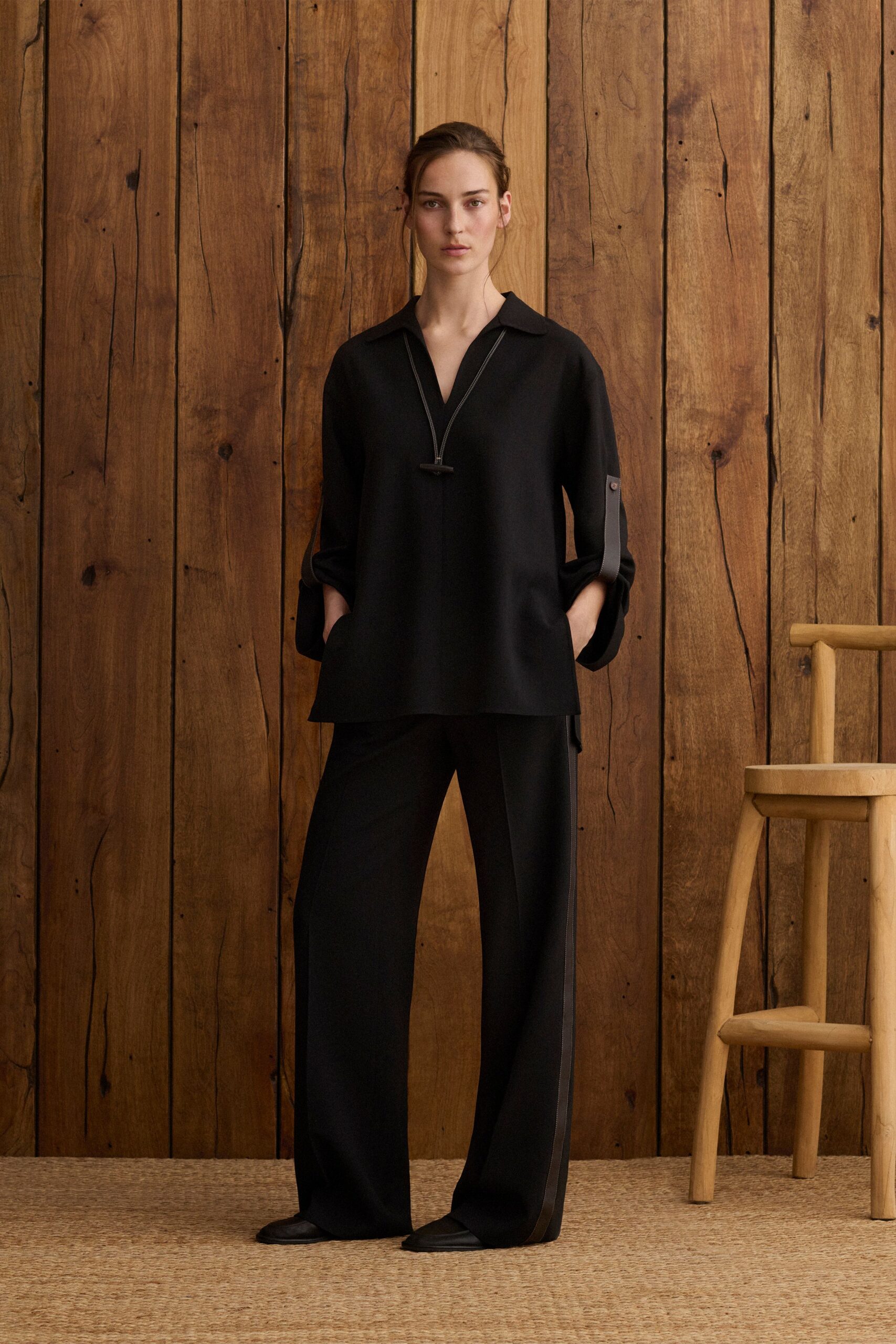 black cotton relaxed straight-leg pants