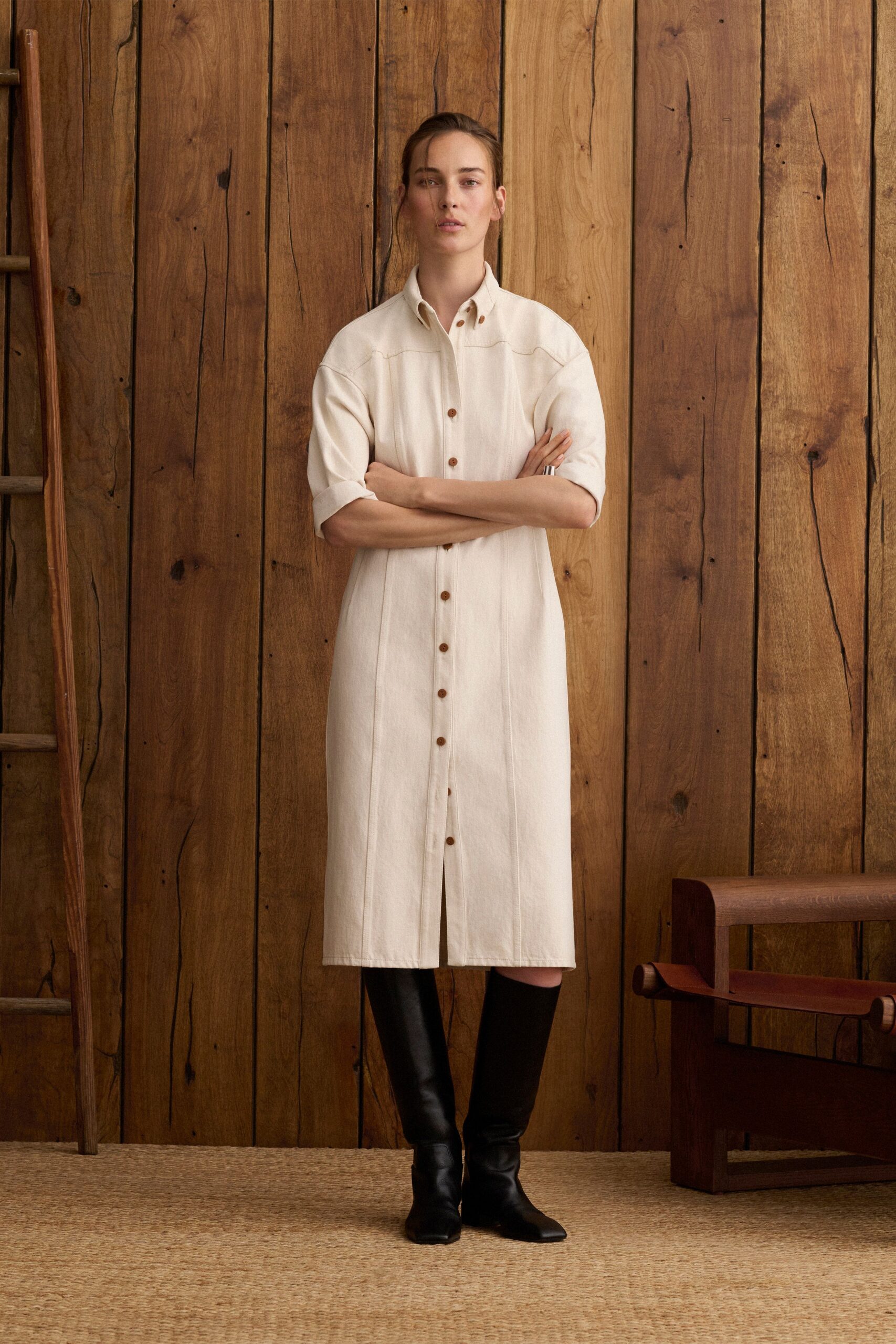 beige cotton short-sleeve collared relaxed buttoned midi shirt-dress