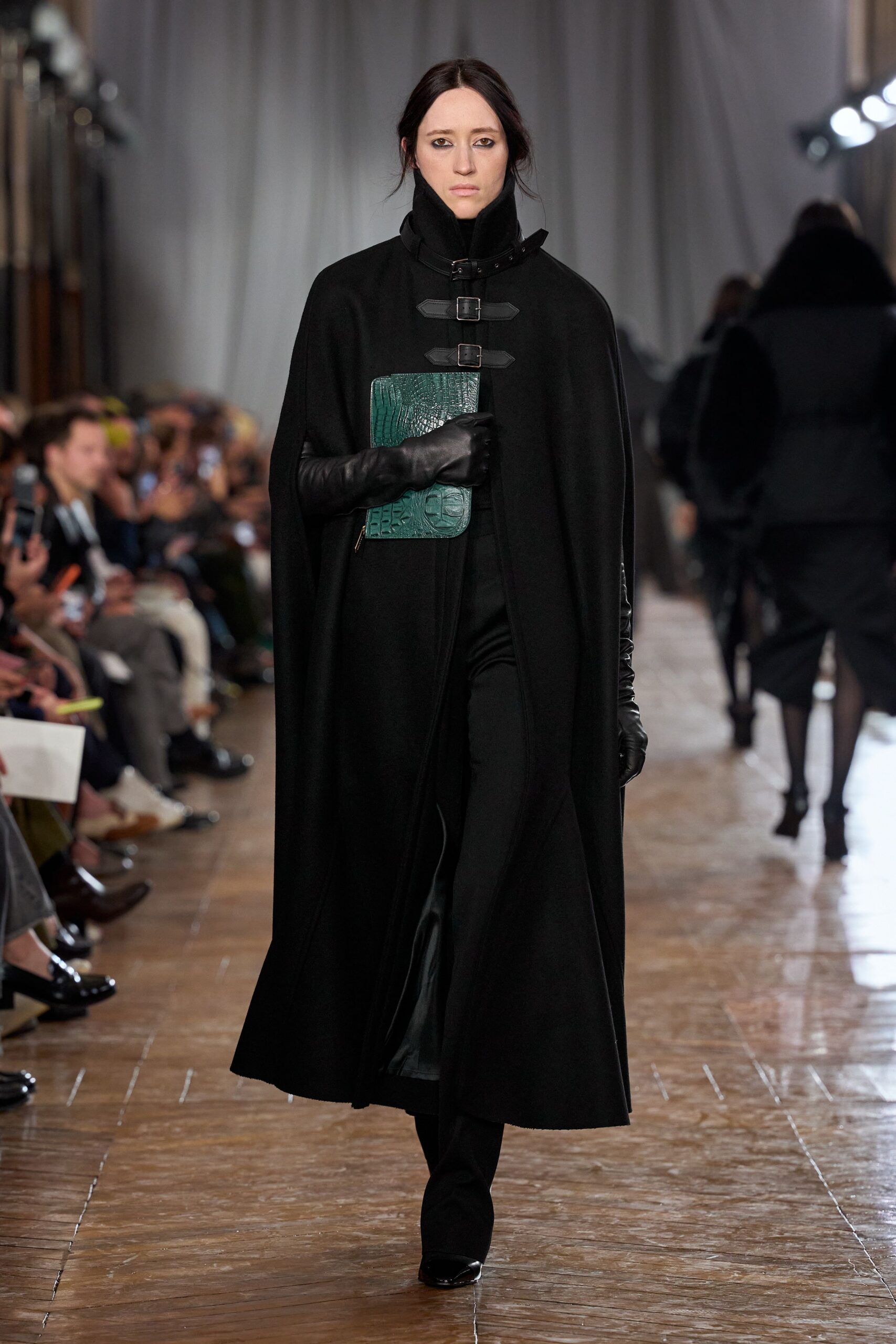 black wool structured buttoned cape