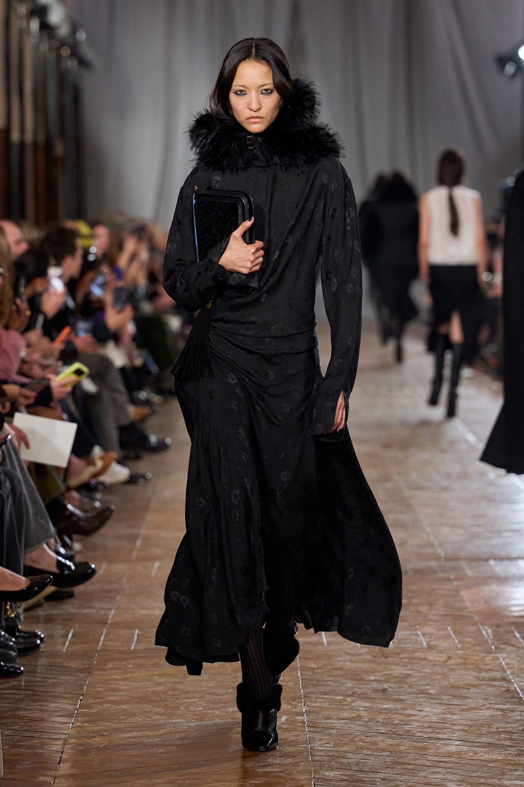 black silk long-sleeve collared fitted floral layered dress