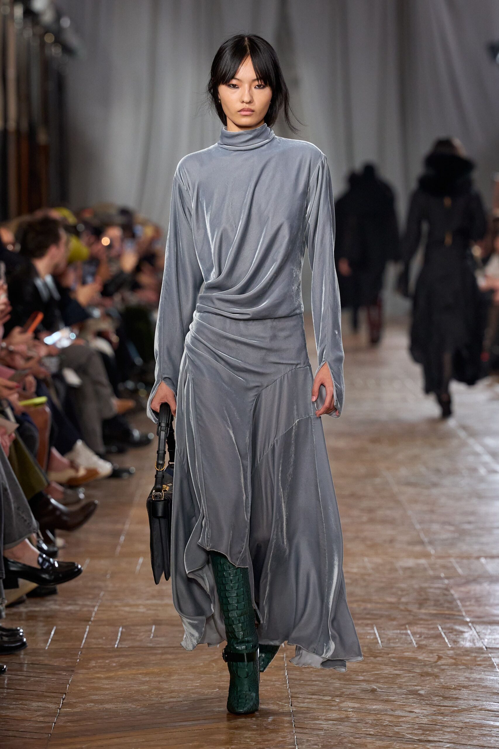 gray velvet long-sleeve high-neck fitted draped flowing dress