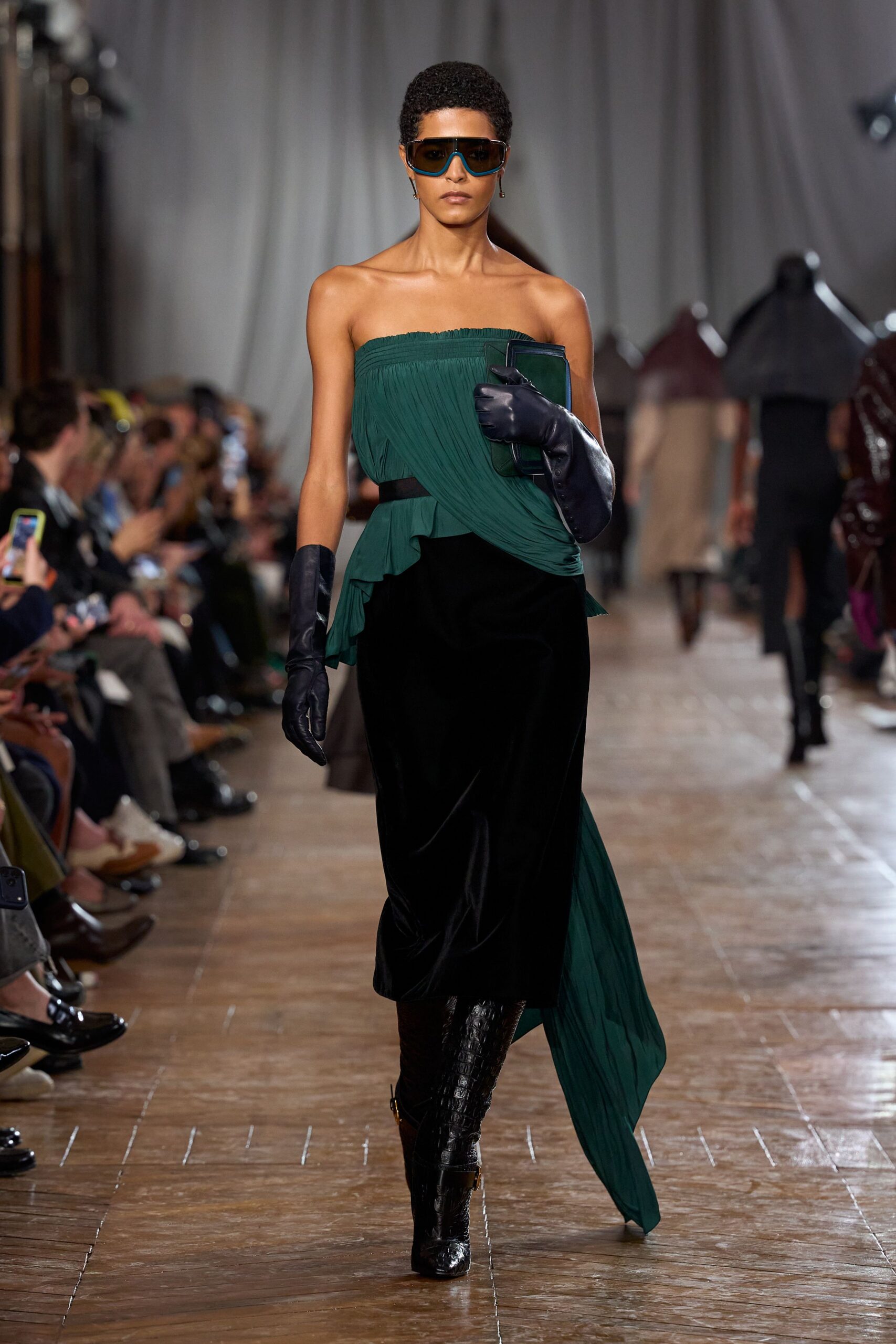 green silk strapless fitted ruched layered midi dress