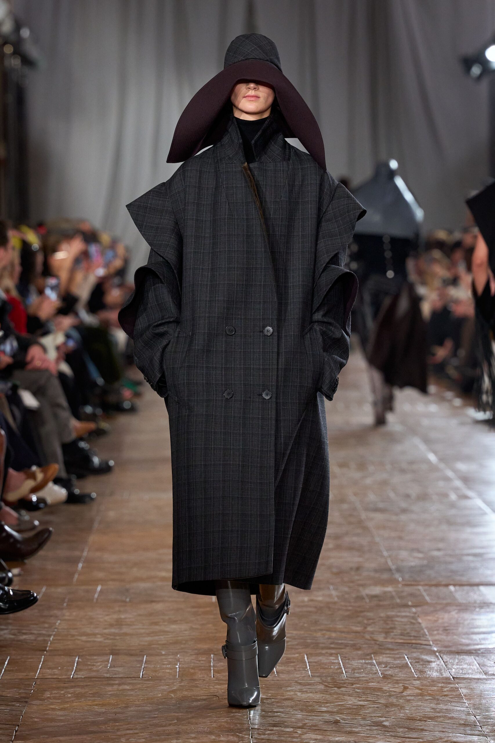 black wool long-sleeve collared oversized checked midi coat