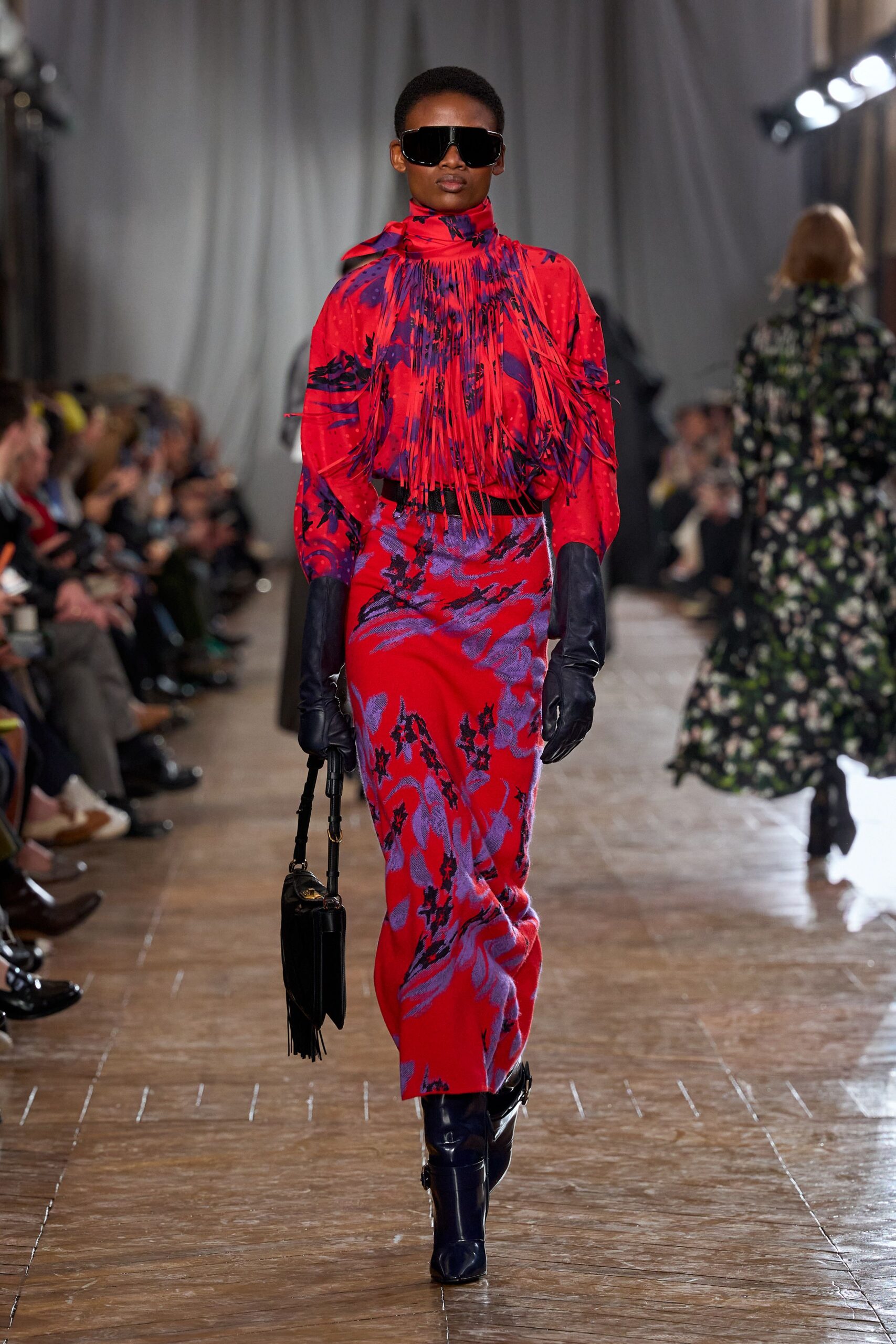 red silk long-sleeve high-neck fitted fringed printed dress