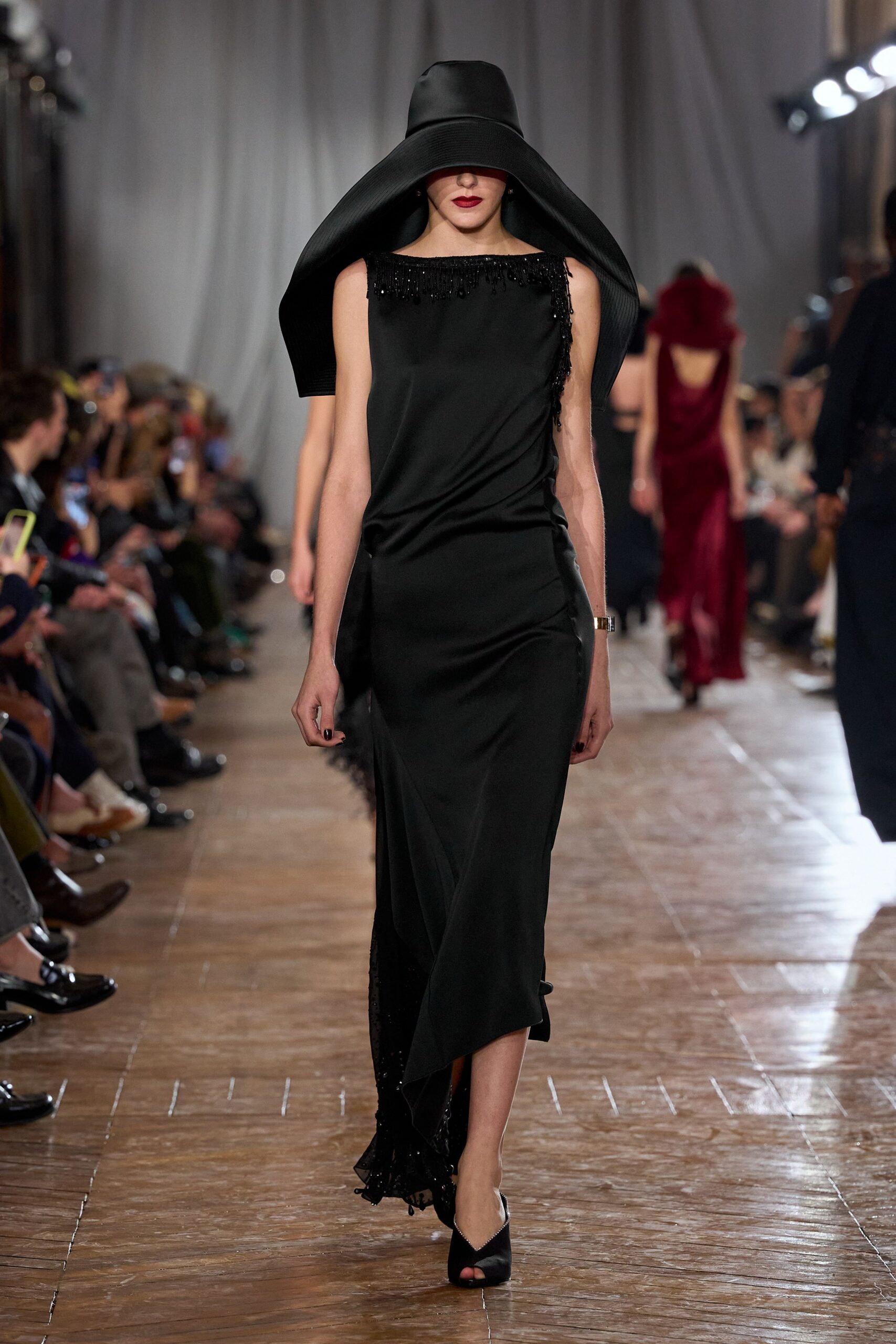black silk sleeveless v-neck fitted draped layered dress