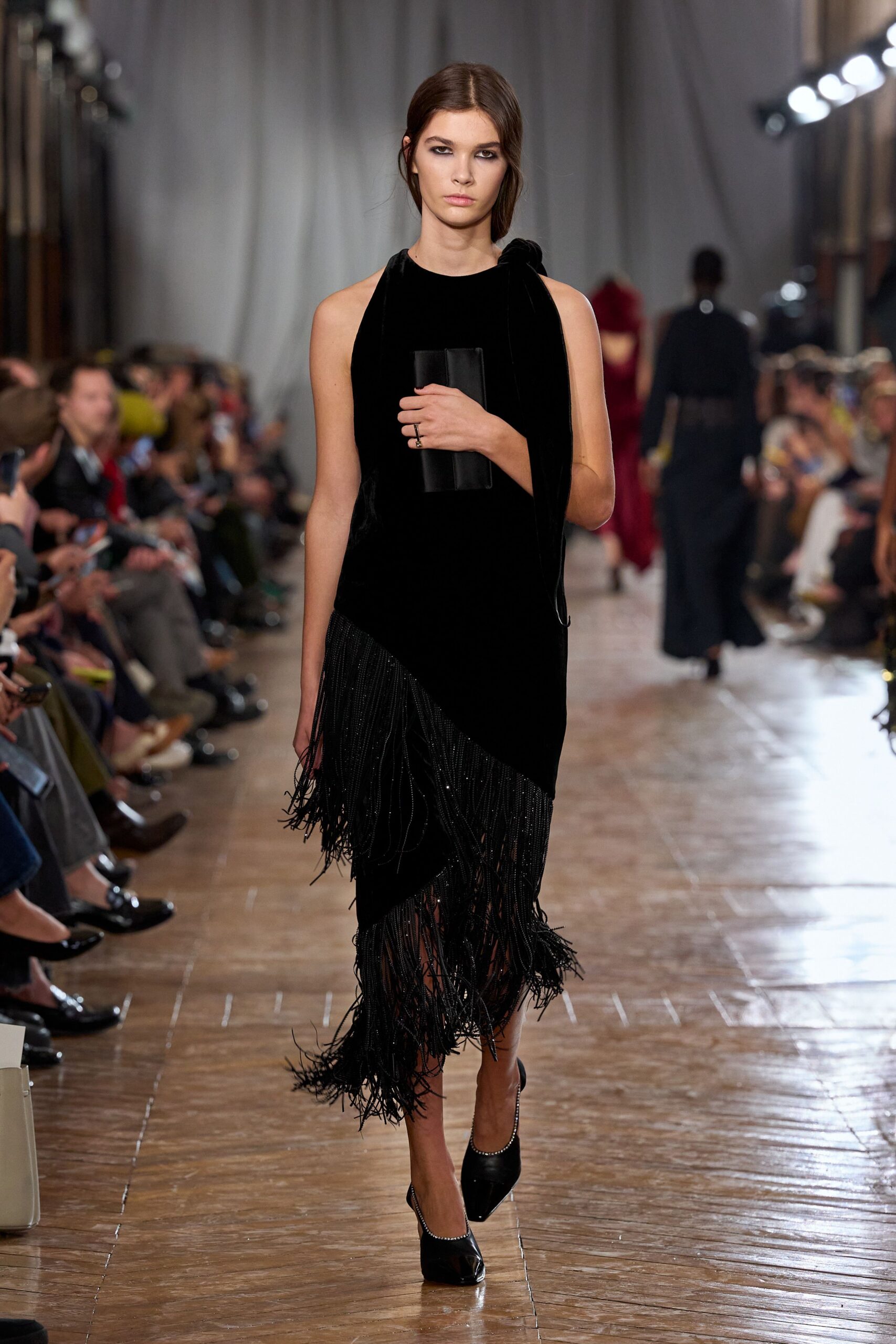 black velvet fringed midi dress