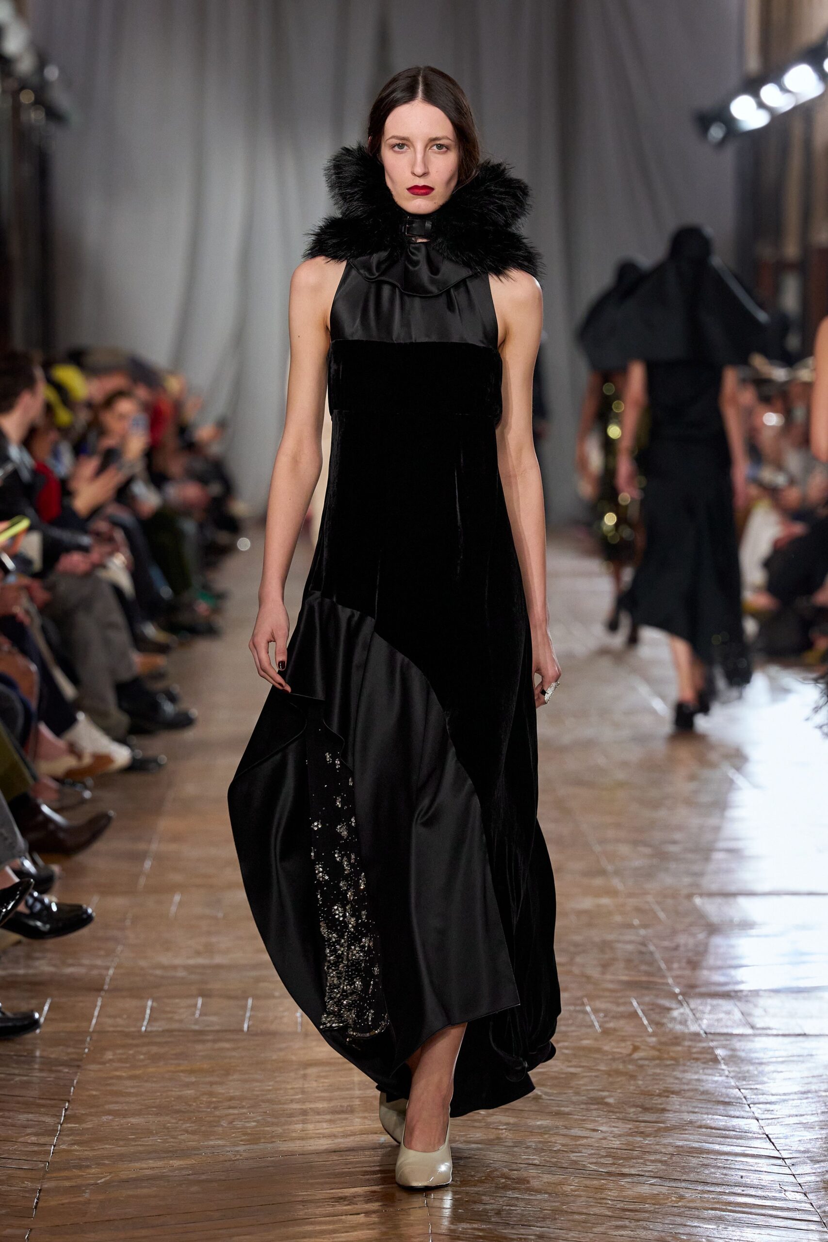 black velvet gown with fur cape