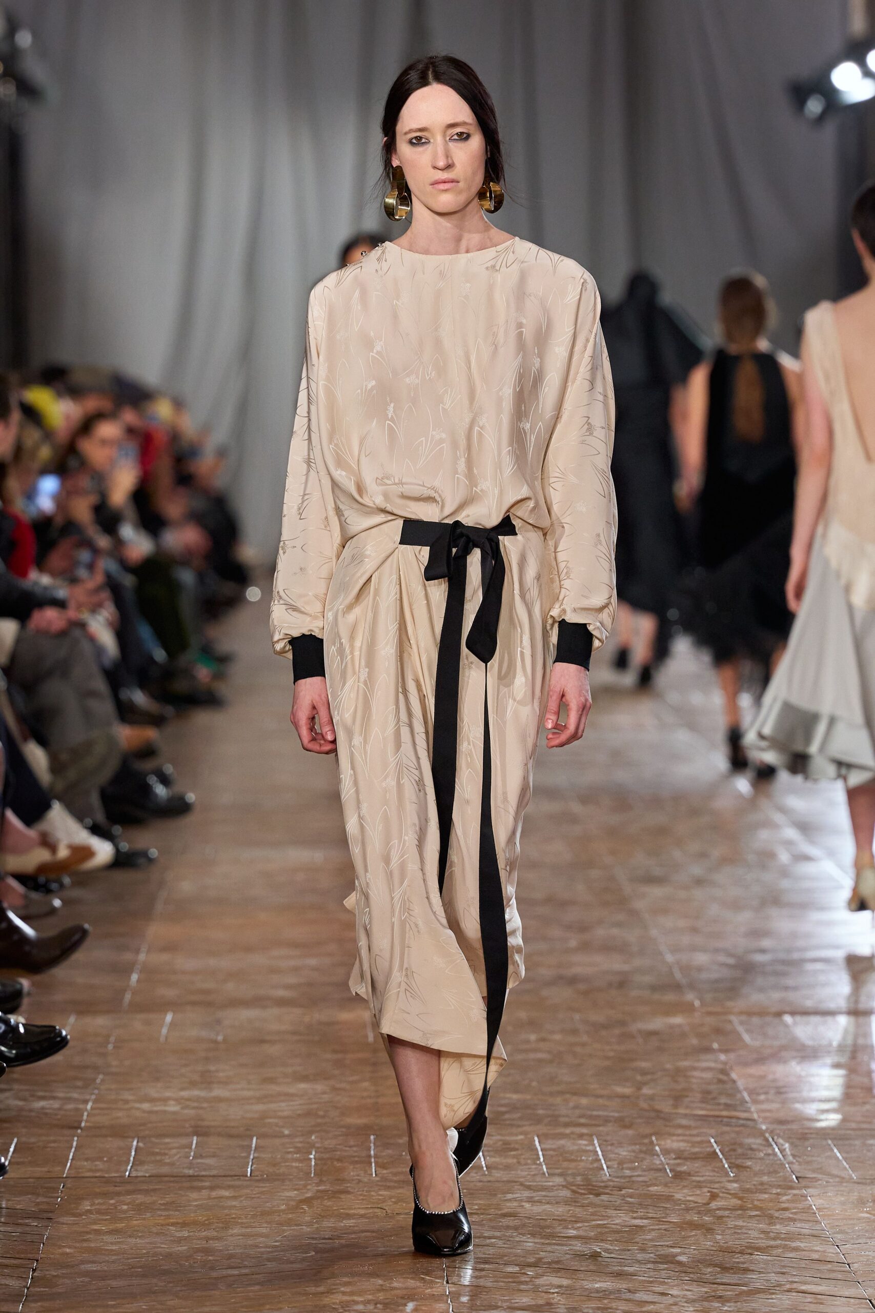 beige silk long-sleeve collared relaxed pleated belted dress