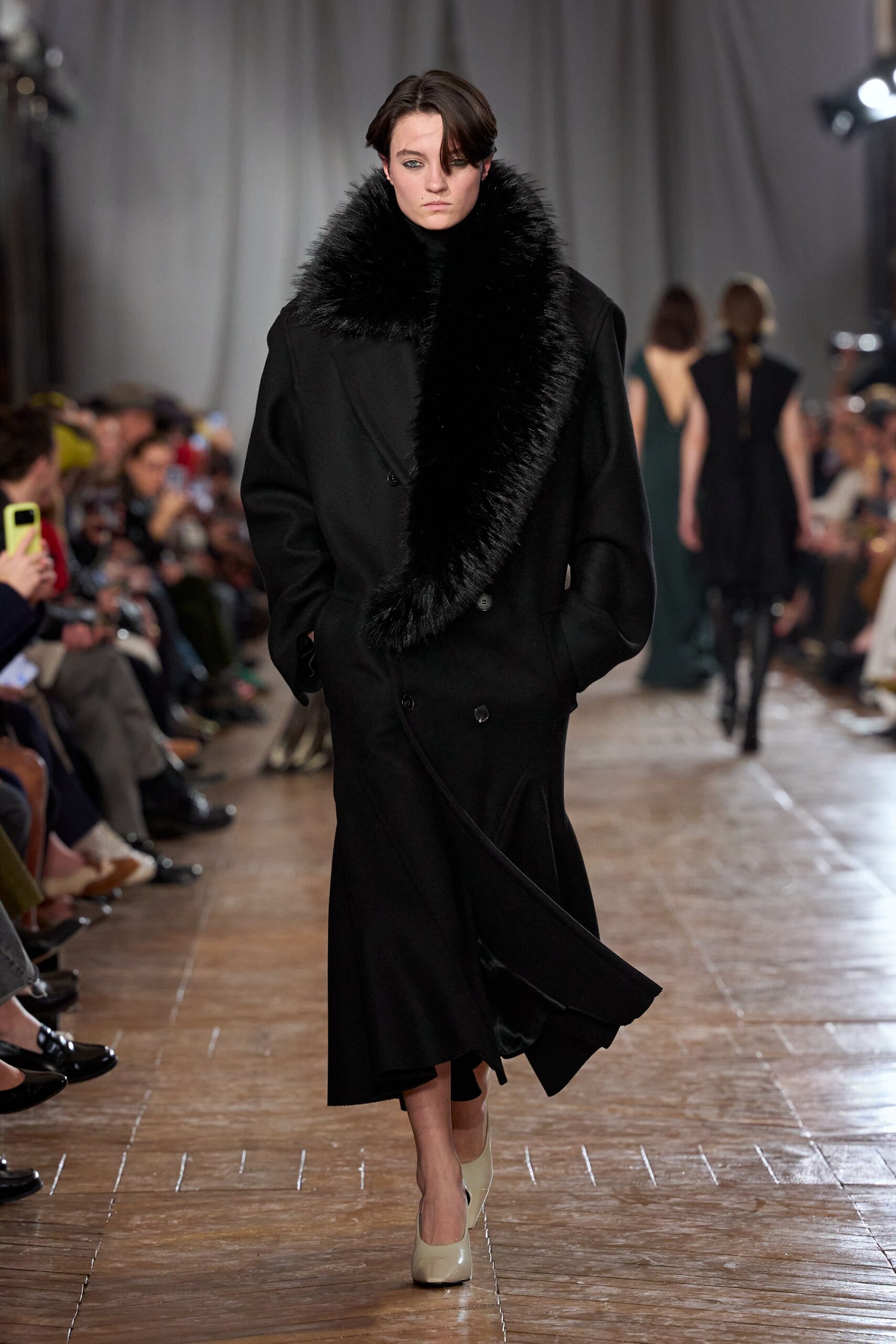 black wool long-sleeve collared oversized fringed midi coat