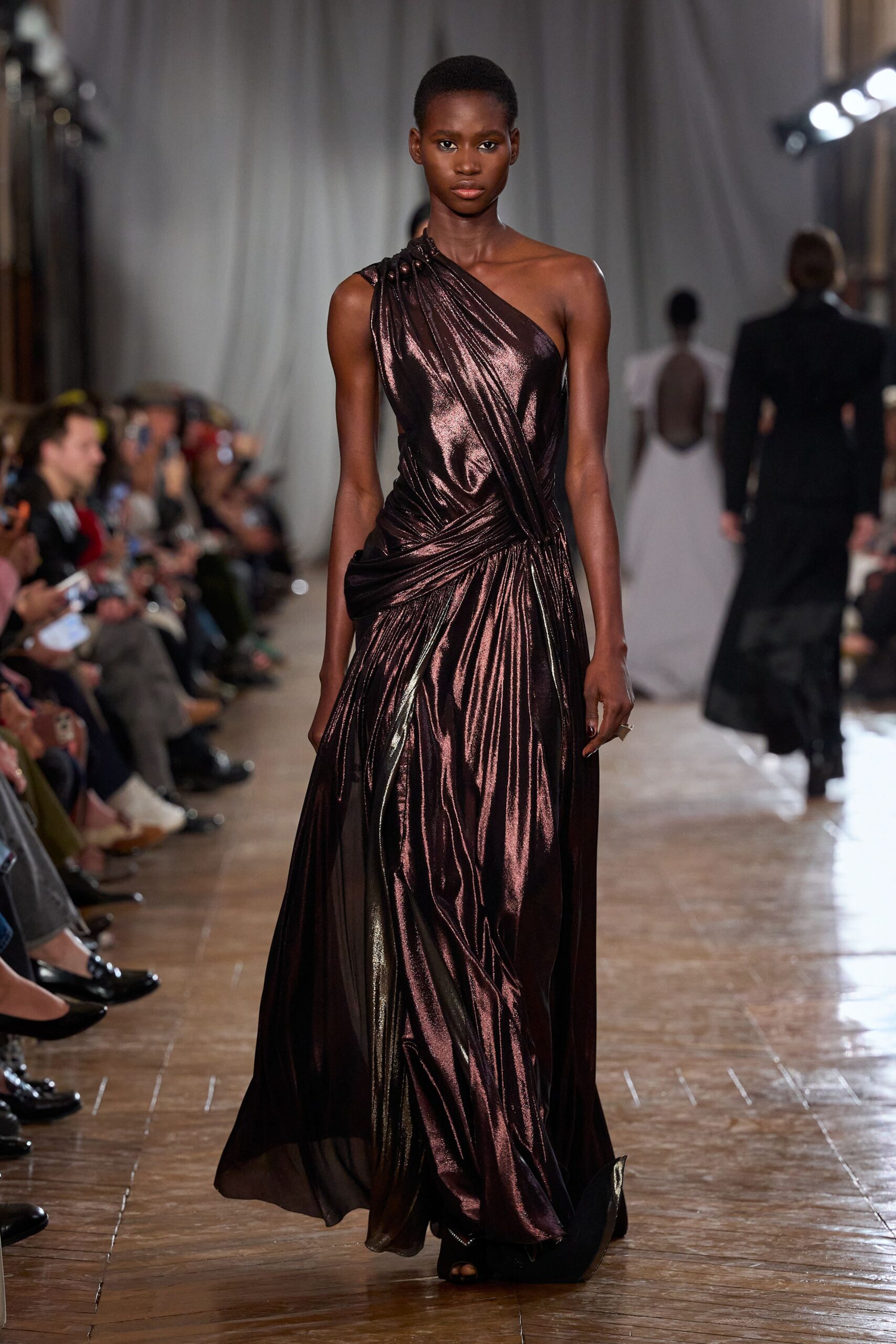 black purple asymmetric draped gown