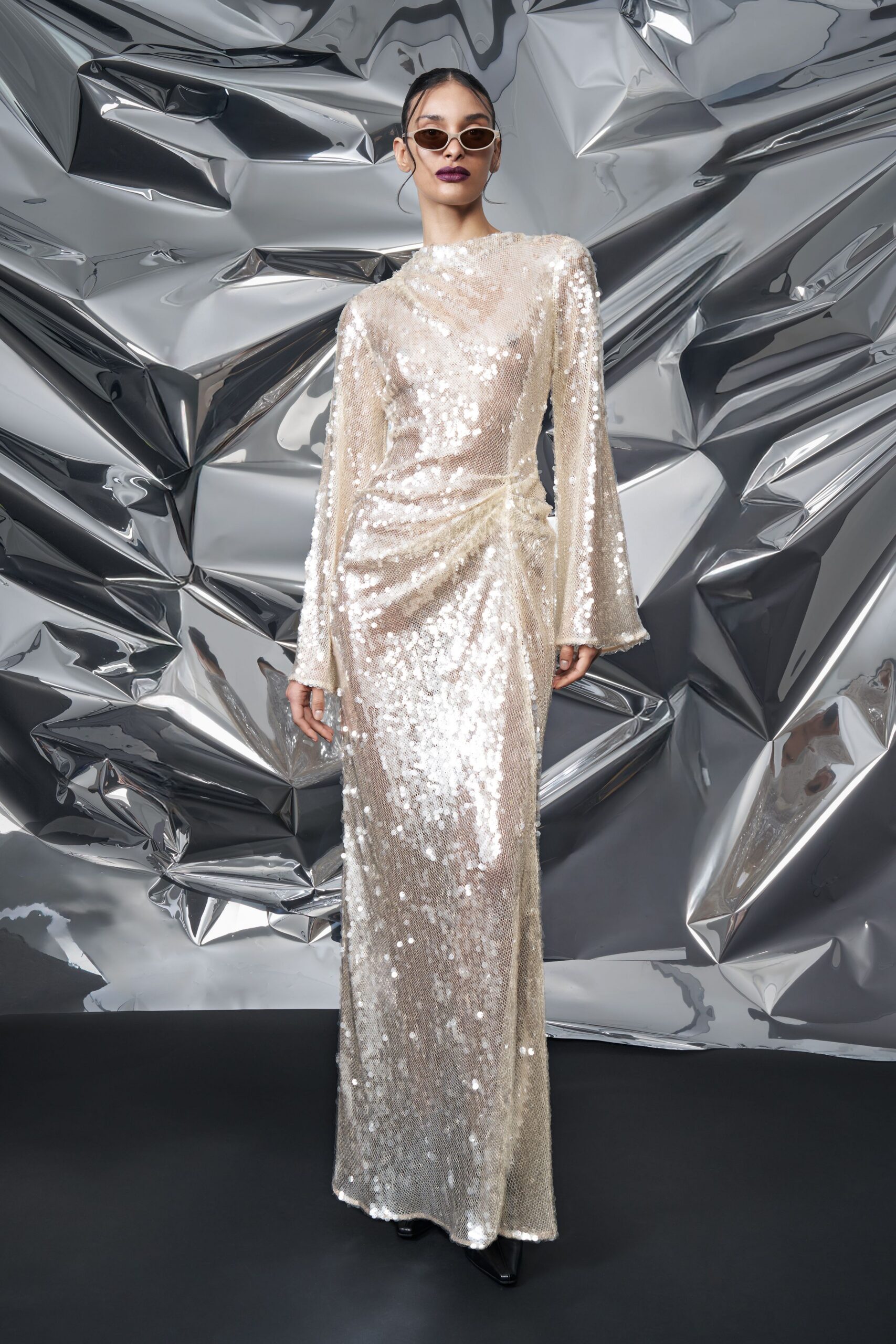 ivory sequin long-sleeve high-neck fitted draped shiny gown