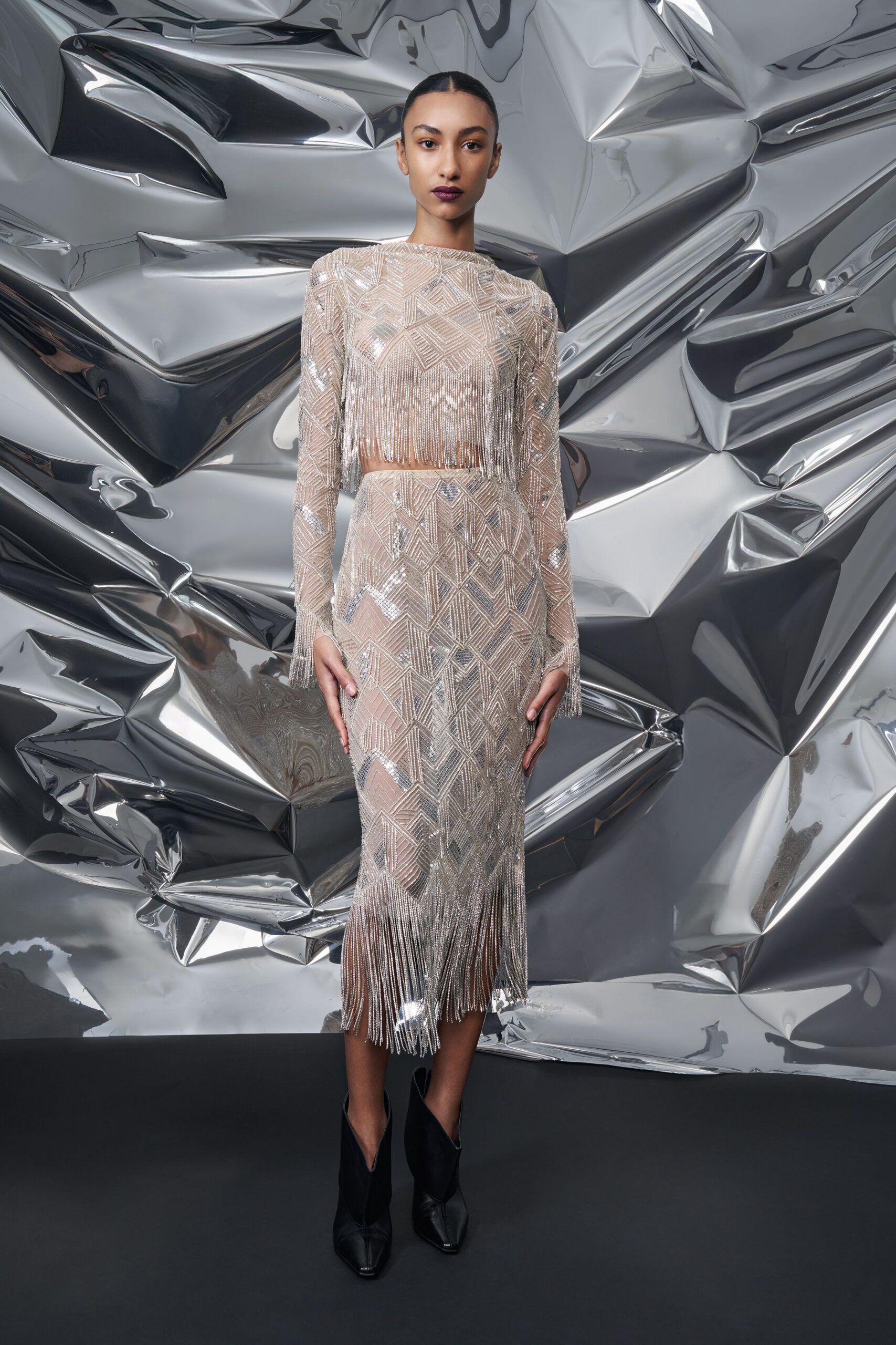 beige silk long-sleeve high-neck fitted fringed embroidered dress