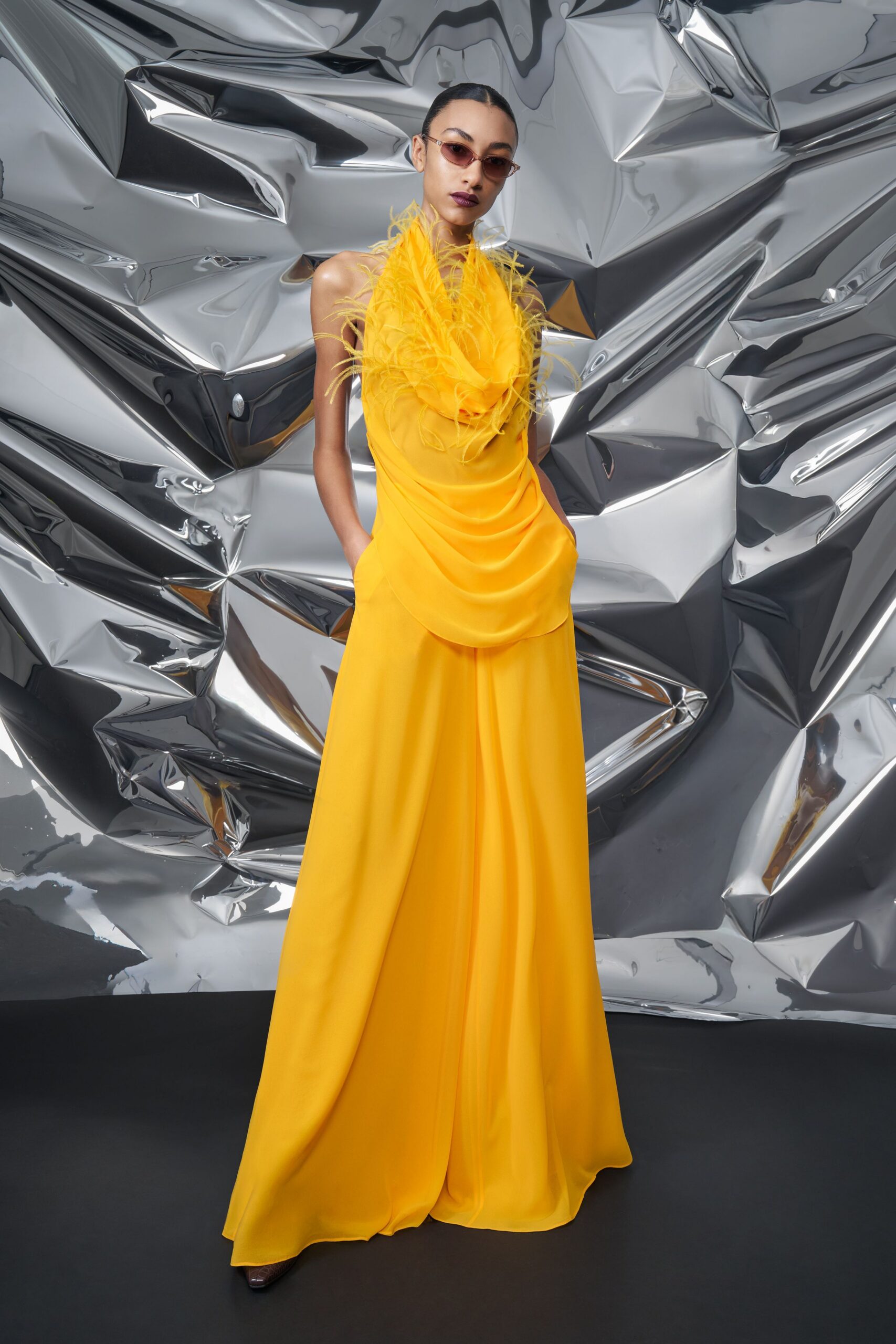 yellow chiffon sleeveless high-neck fitted draped layered jumpsuit