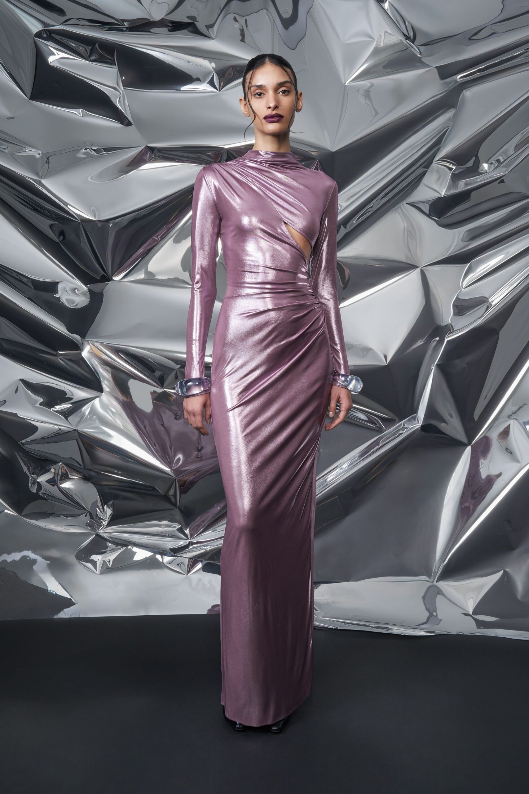 fitted purple metallic gown
