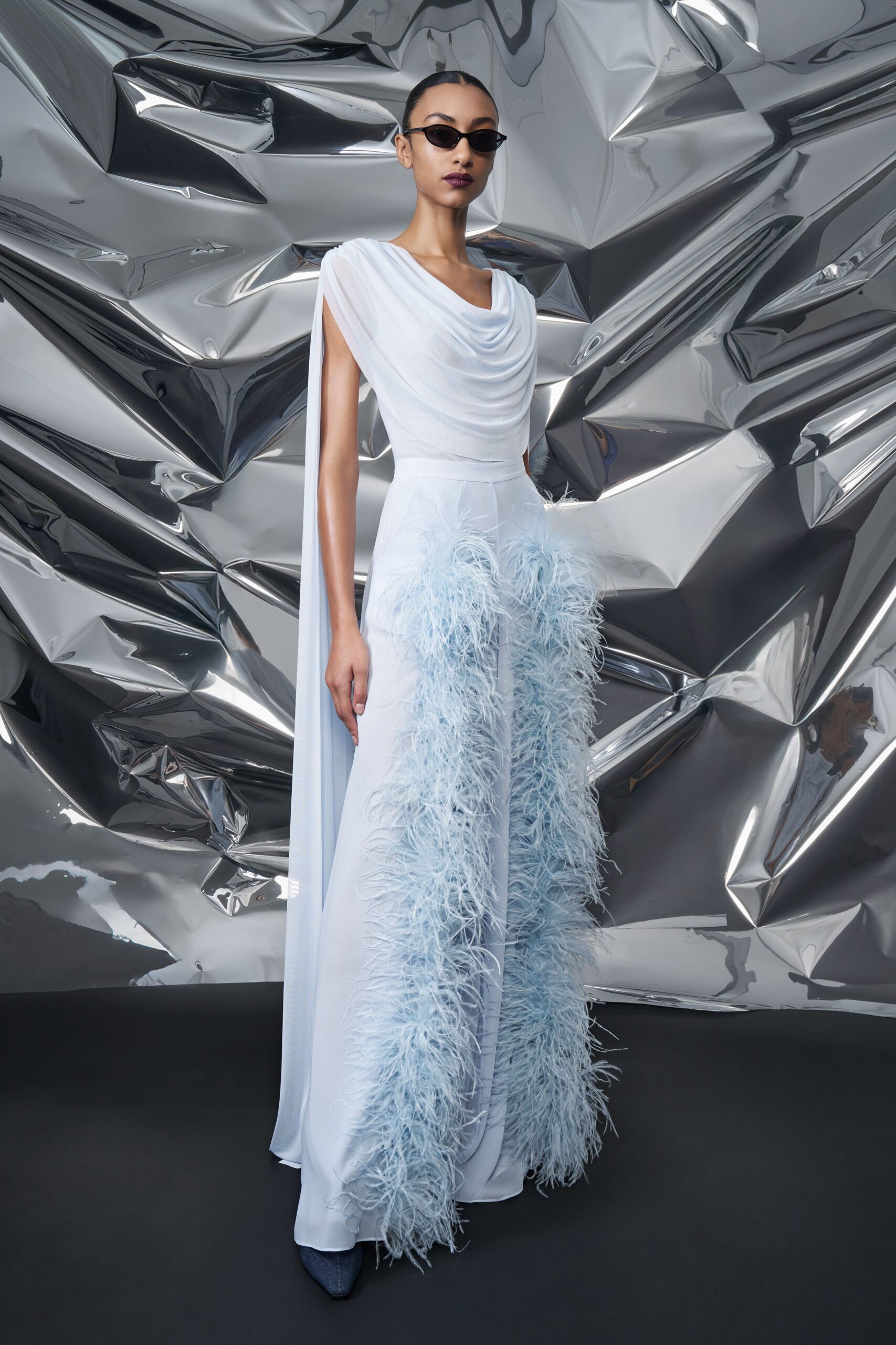white silk sleeveless v-neck fitted ruffled layered gown