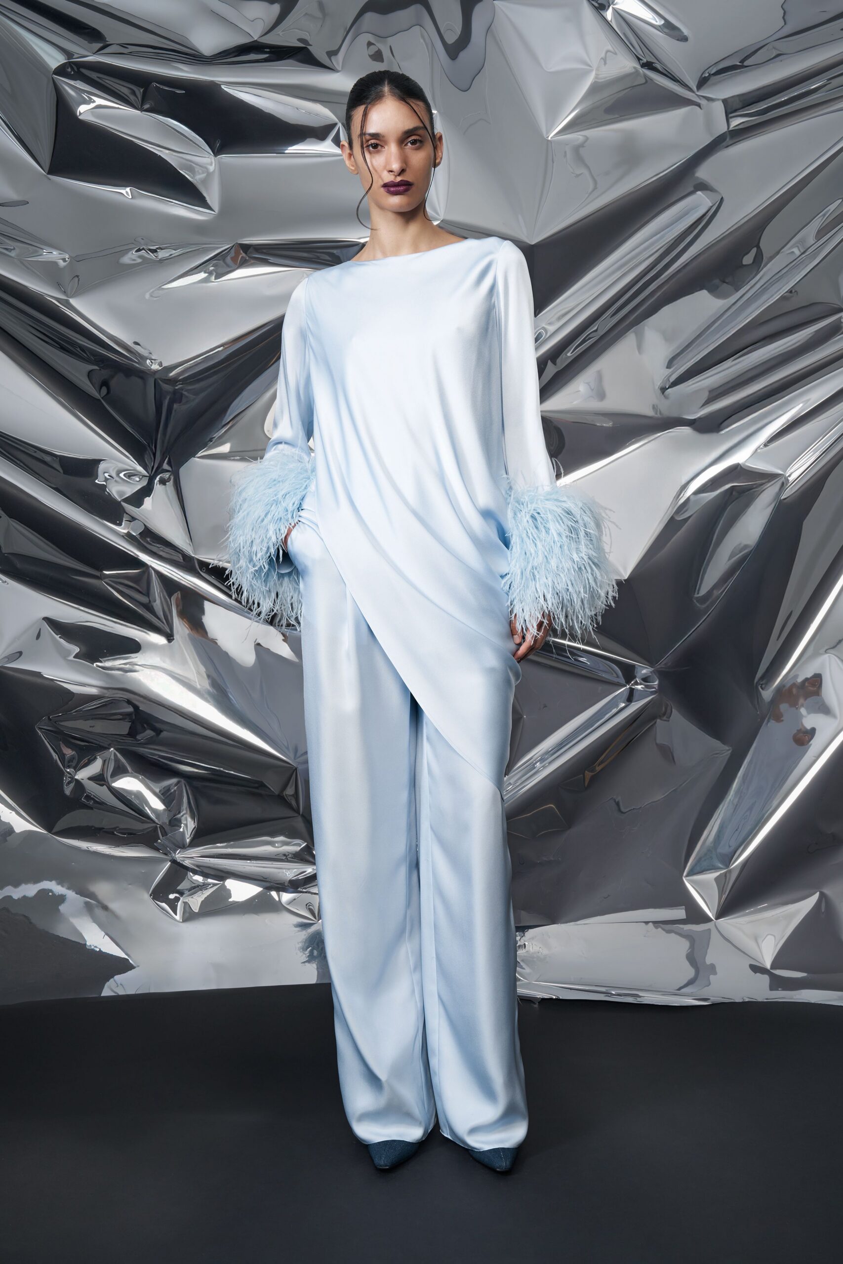 blue silk long-sleeve asymmetric relaxed ruffled shiny top