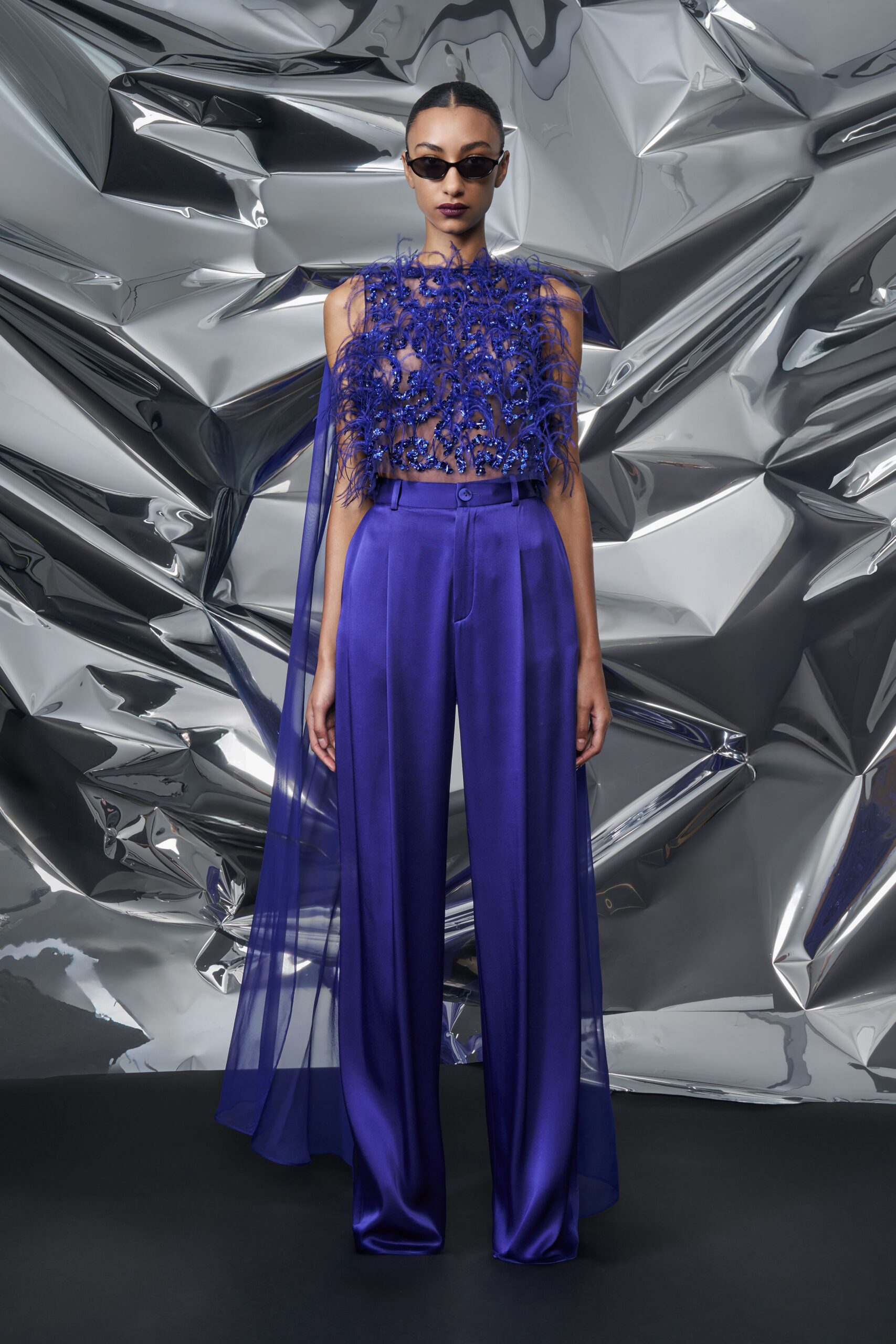 blue silk sleeveless high-neck fitted embroidered layered top