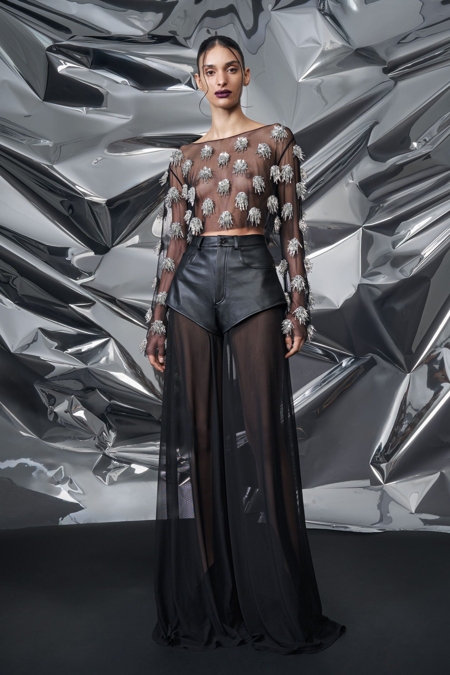 black leather fitted high-waisted flared pants