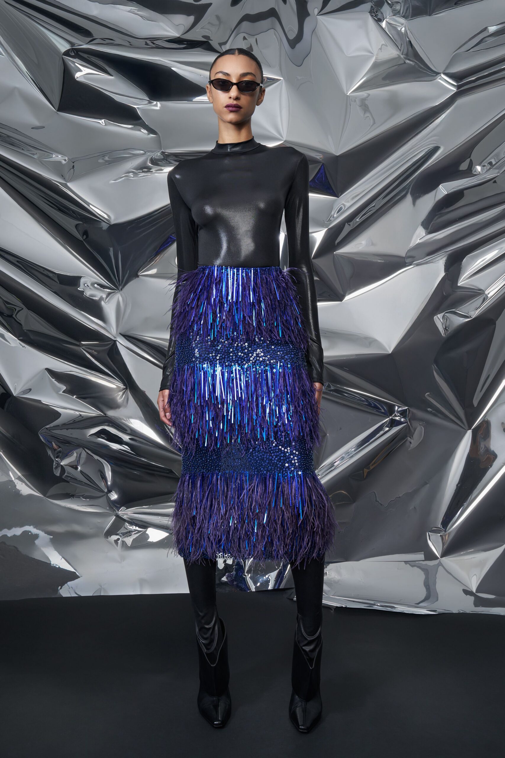 black leather long-sleeve high-neck fitted sequined fringed dress