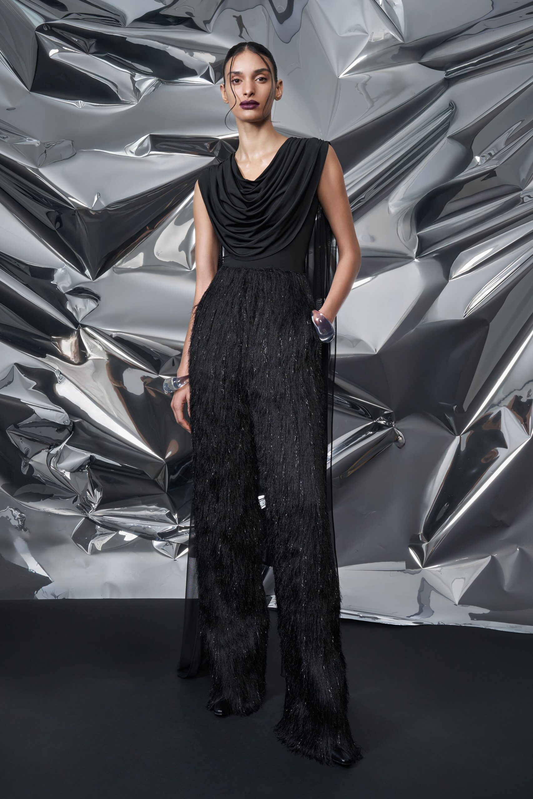 black silk sleeveless v-neck fitted fringed jumpsuit