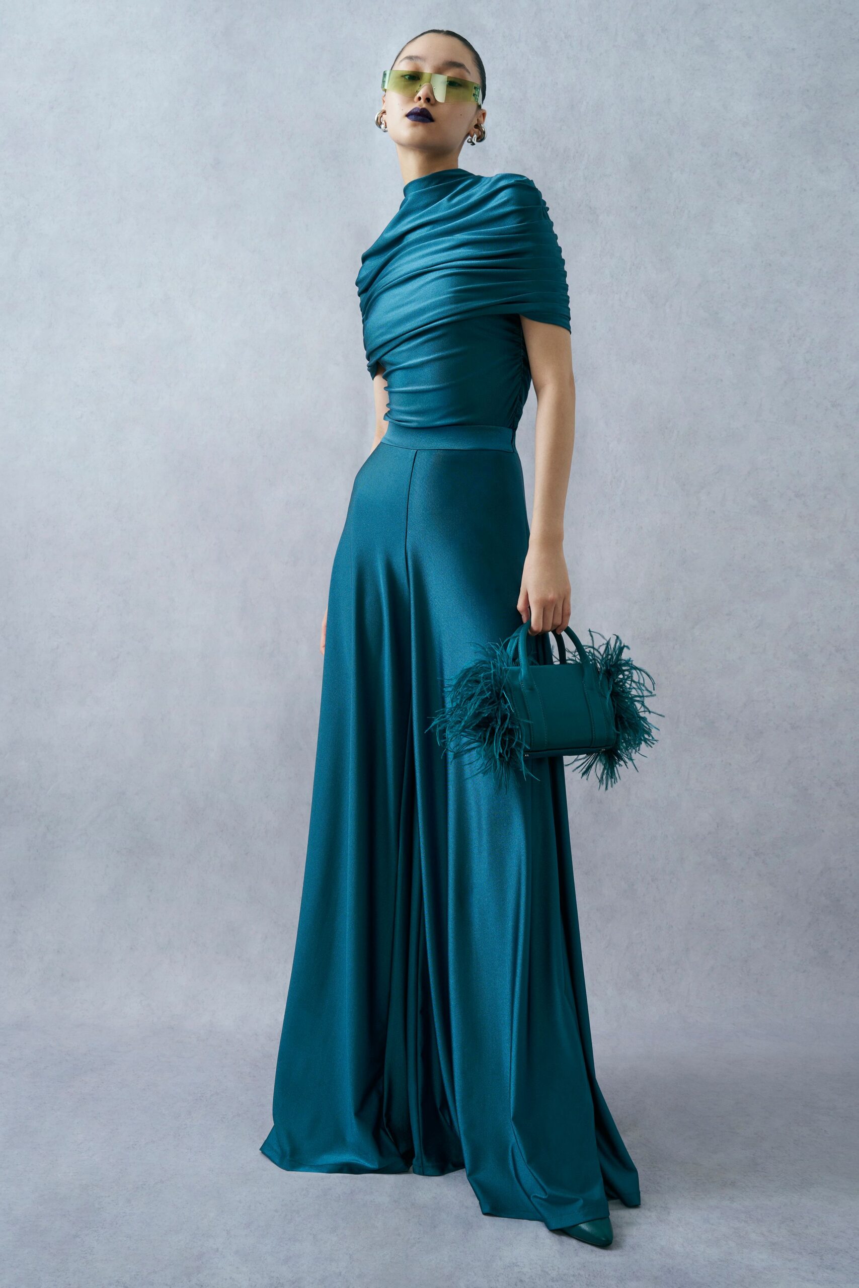 teal silk sleeveless high-neck fitted draped maxi gown