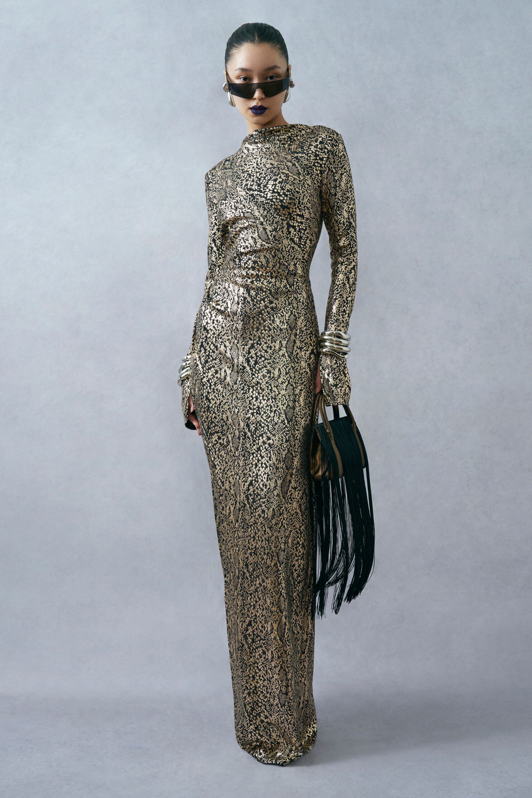 gold metallic long-sleeve high-neck fitted animal-print ruched gown