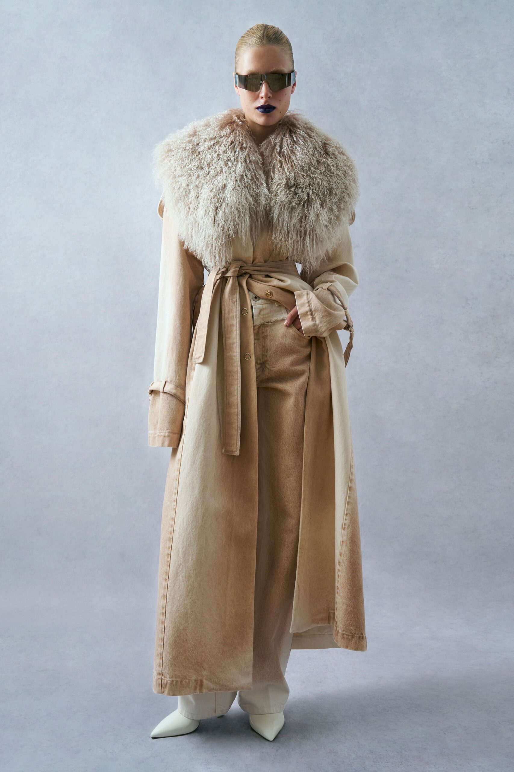 beige faux-fur long-sleeve collared relaxed belted maxi coat