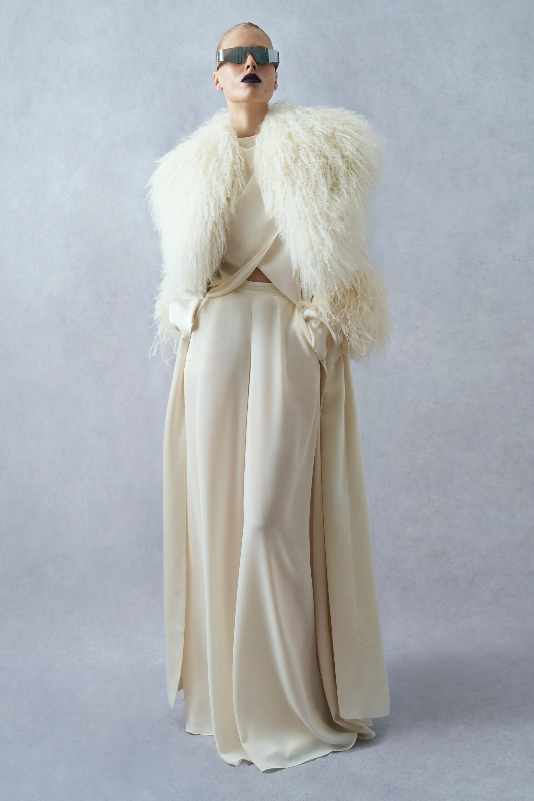white fur oversized fringed cape