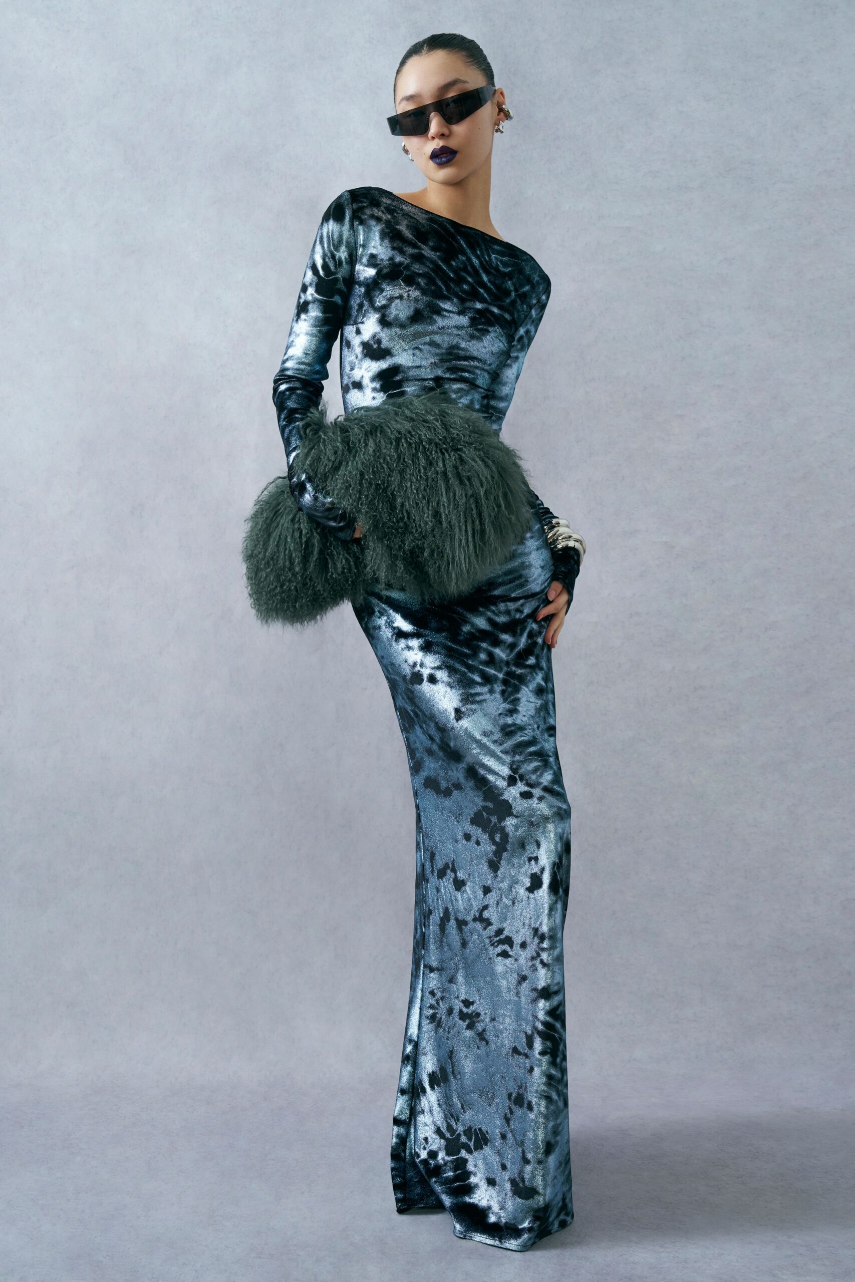 green fur structured bag
