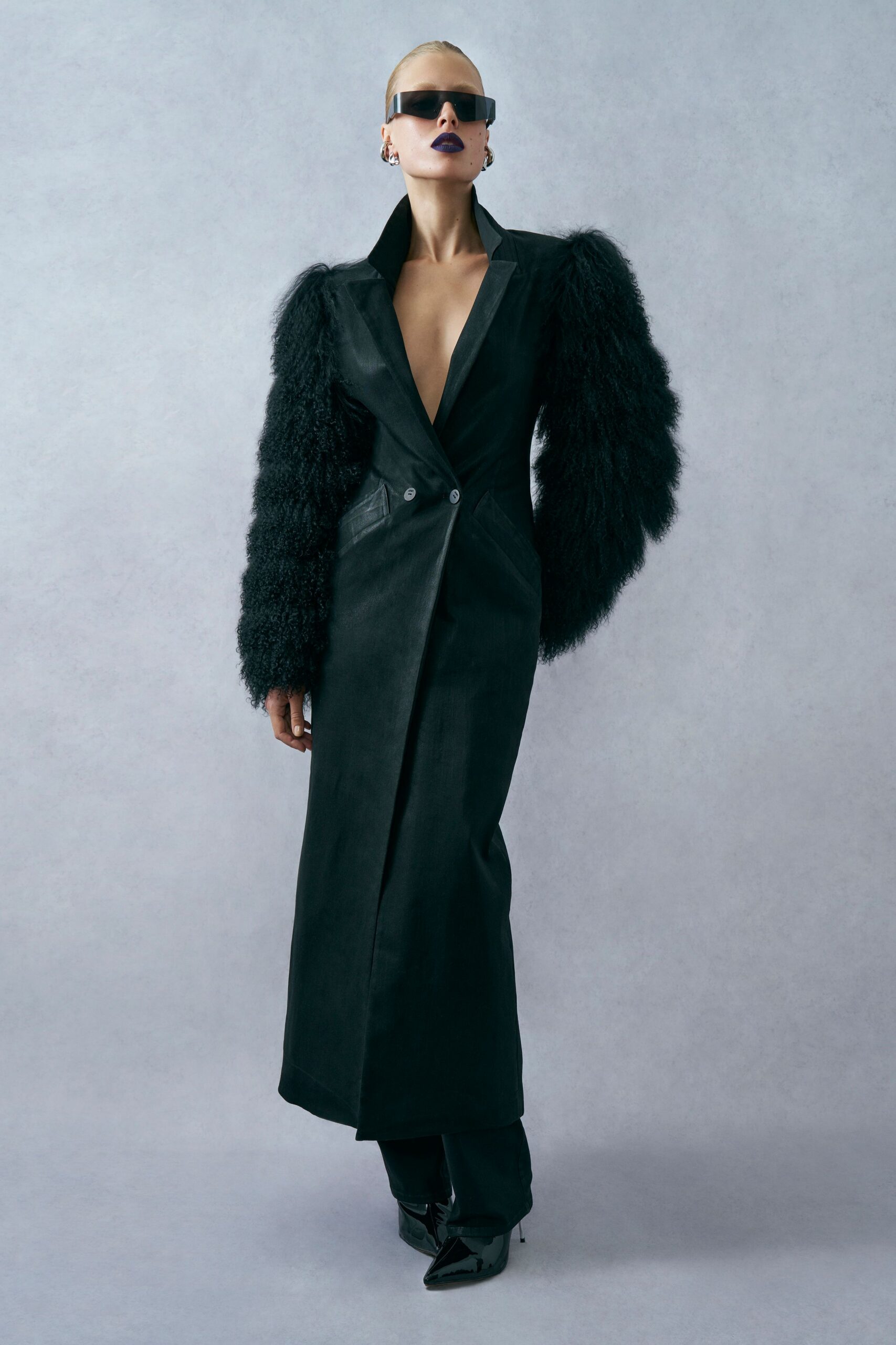 black leather long-sleeve v-neck fitted buttoned maxi coat