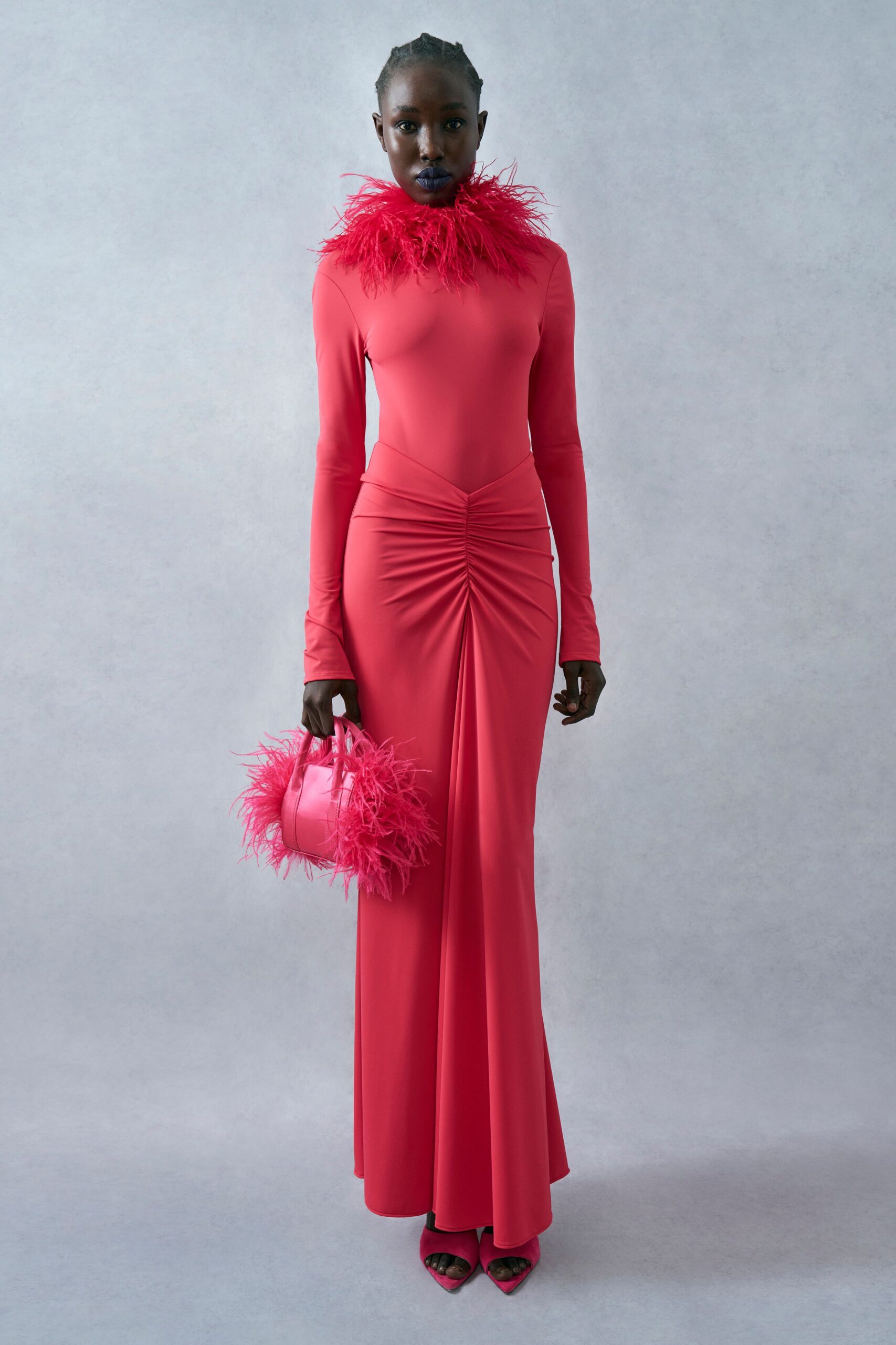 pink silk long-sleeve high-neck fitted ruched draped gown