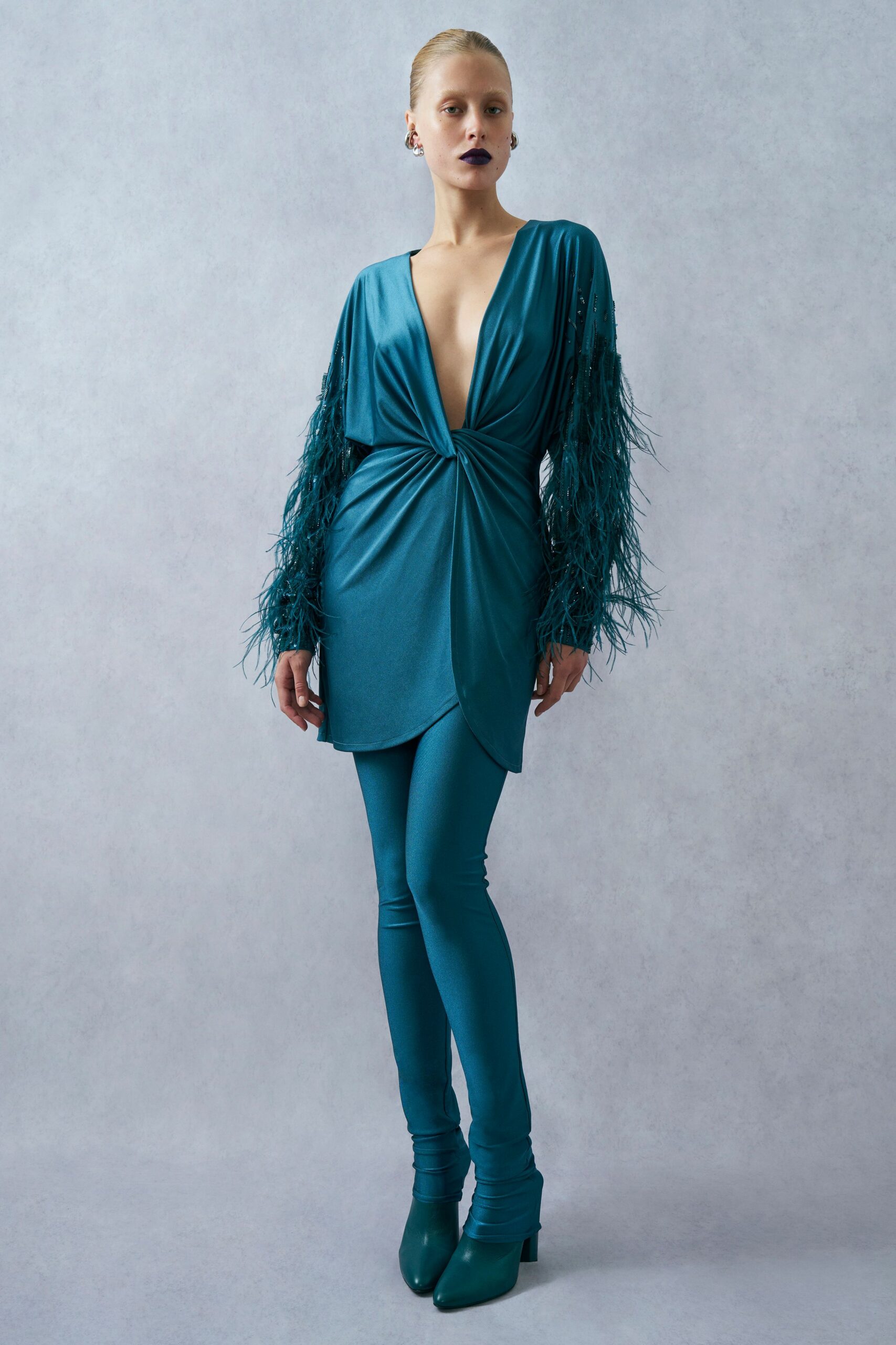 teal jersey long-sleeve v-neck fitted draped top