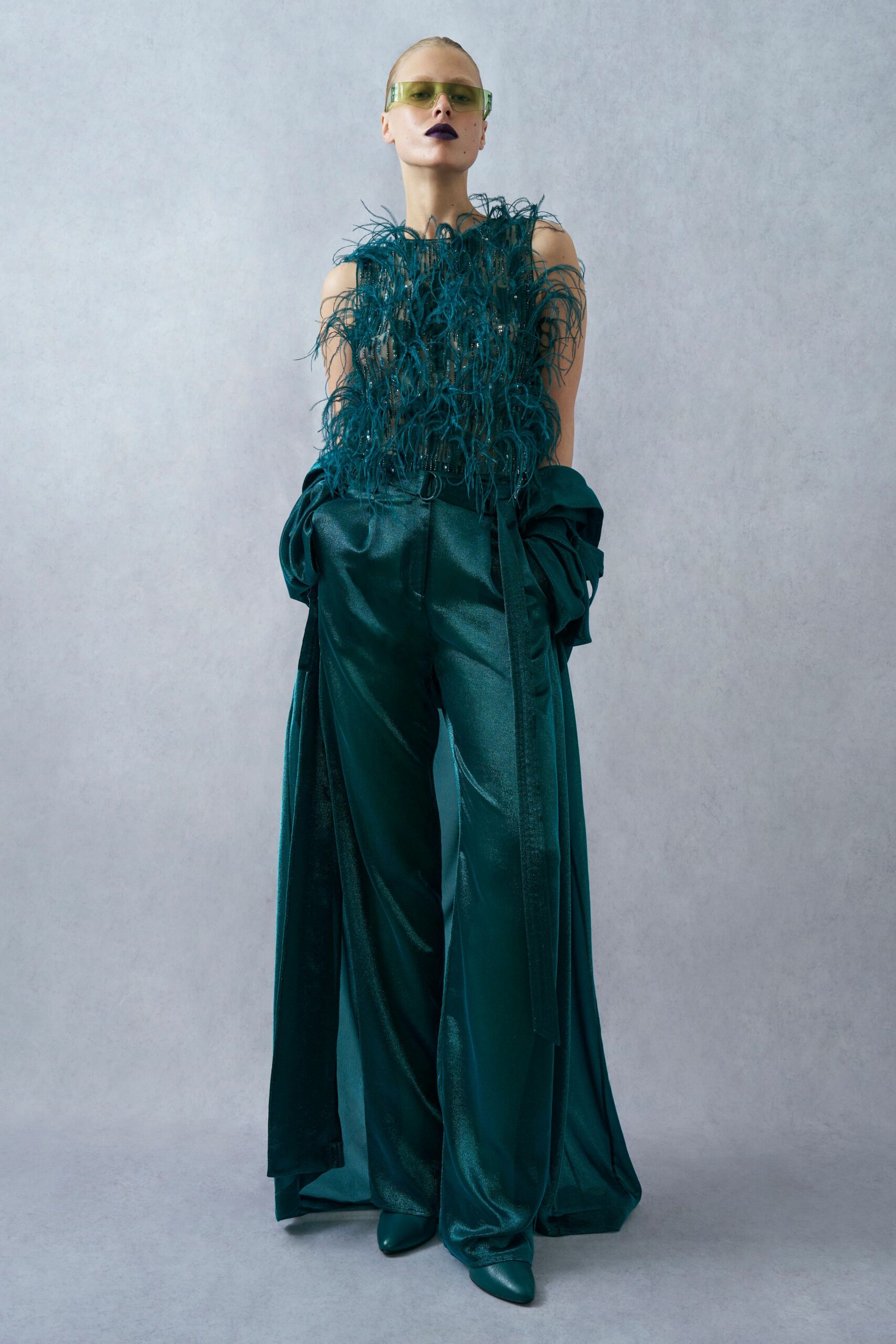 teal silk sleeveless fitted fringed top