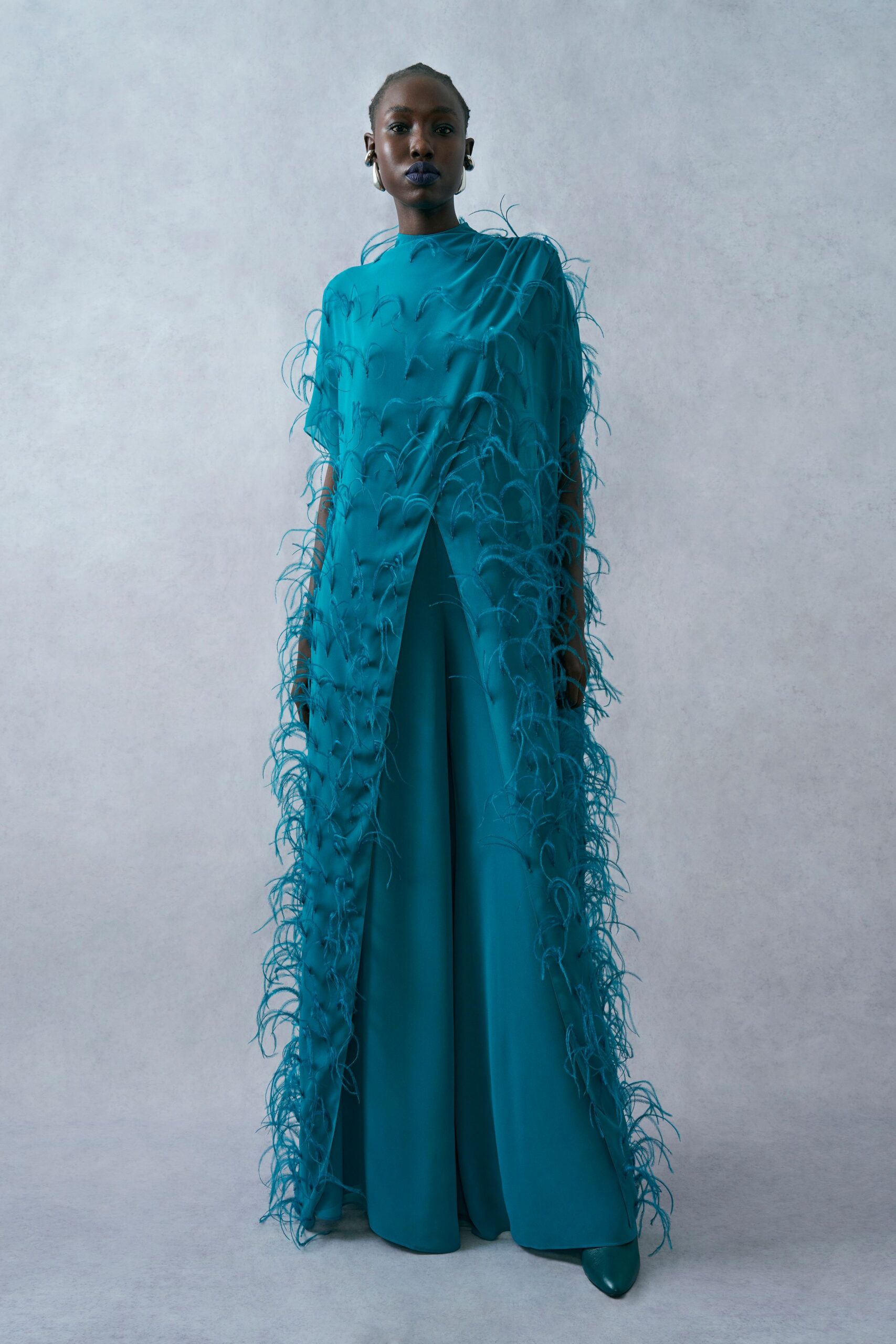 teal silk fitted straight-leg pants