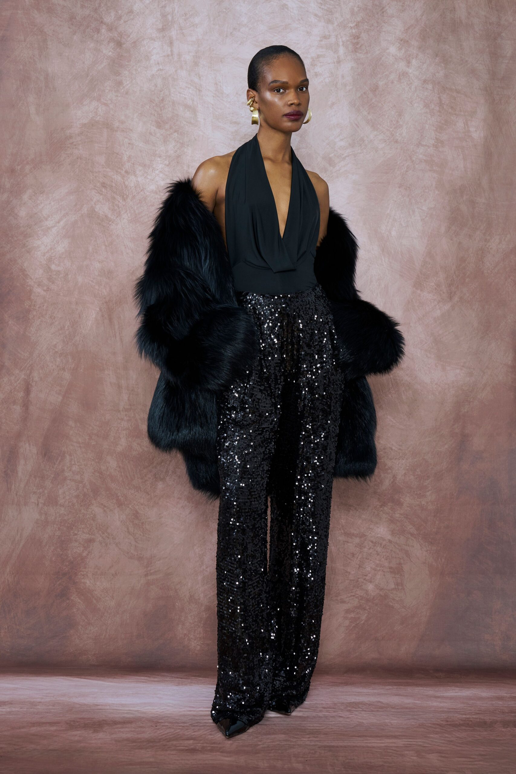 black faux-fur oversized coat