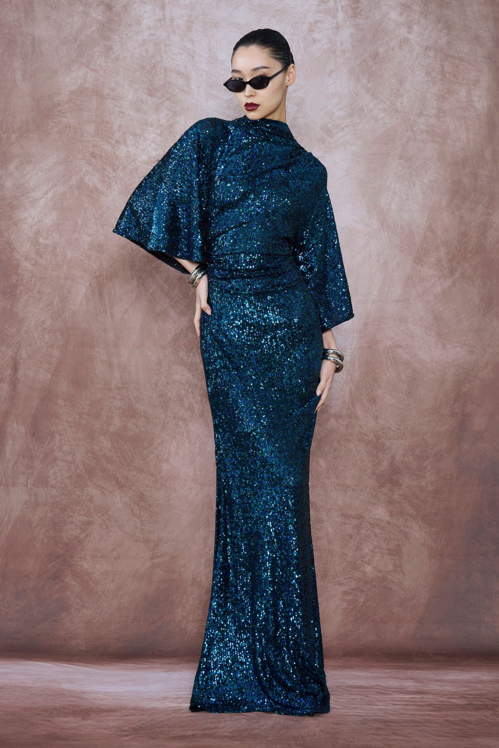 blue sequin long-sleeve high-neck fitted draped shiny gown