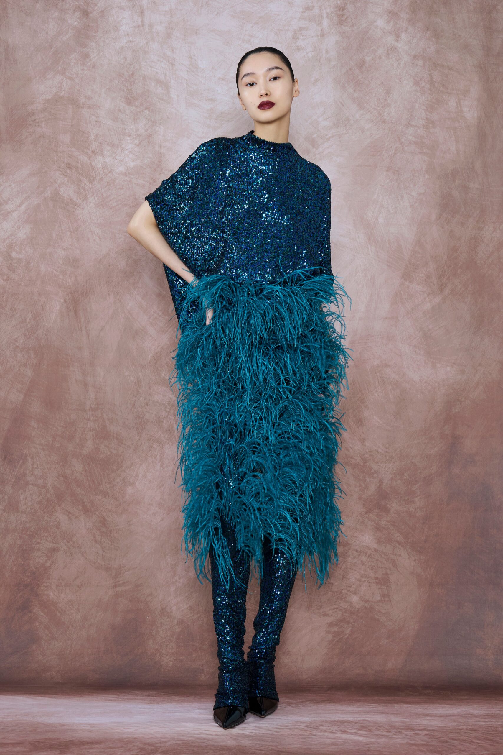 teal sequin sleeveless high-neck fitted fringed shiny dress