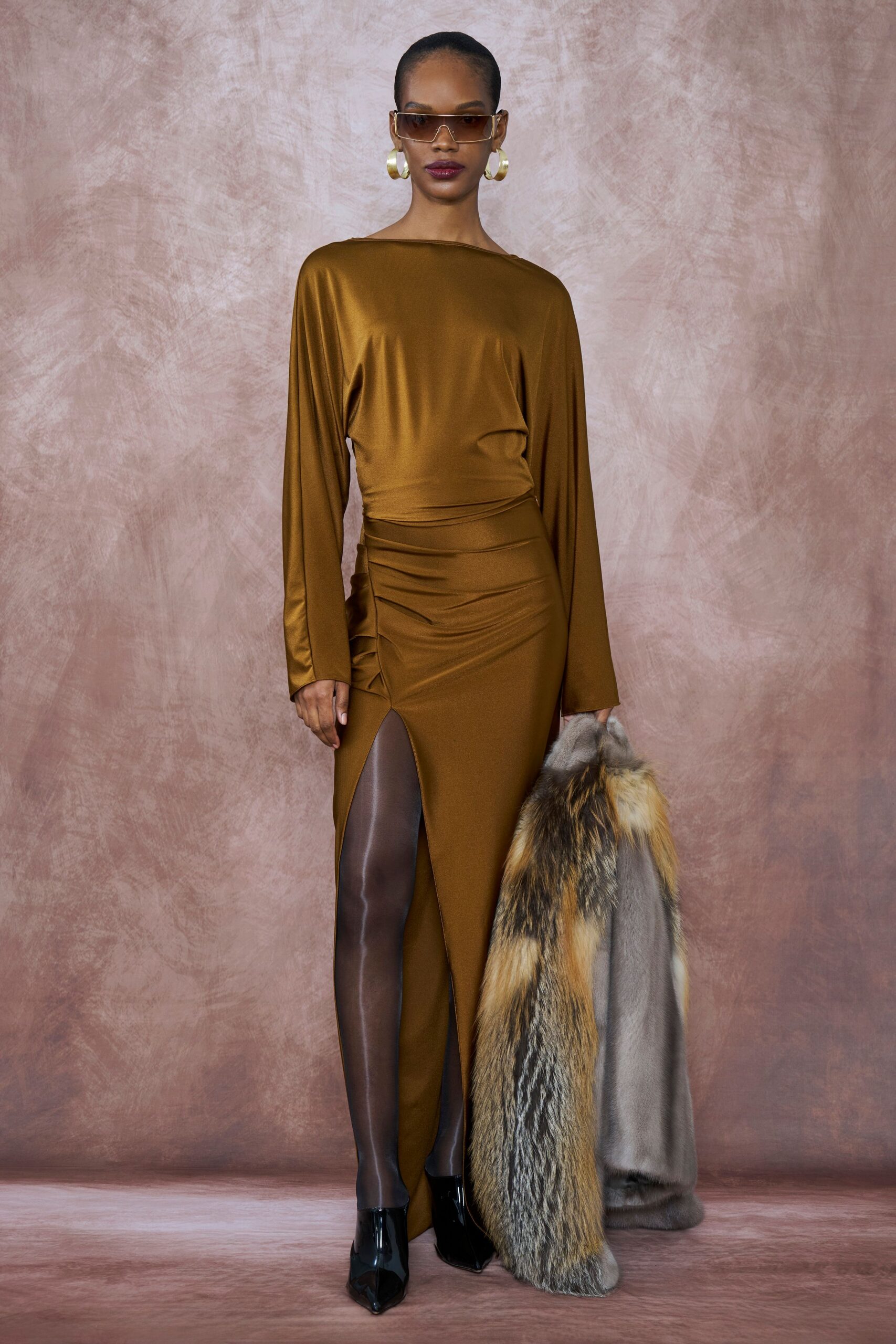 brown silk long-sleeve high-neck fitted ruched maxi gown