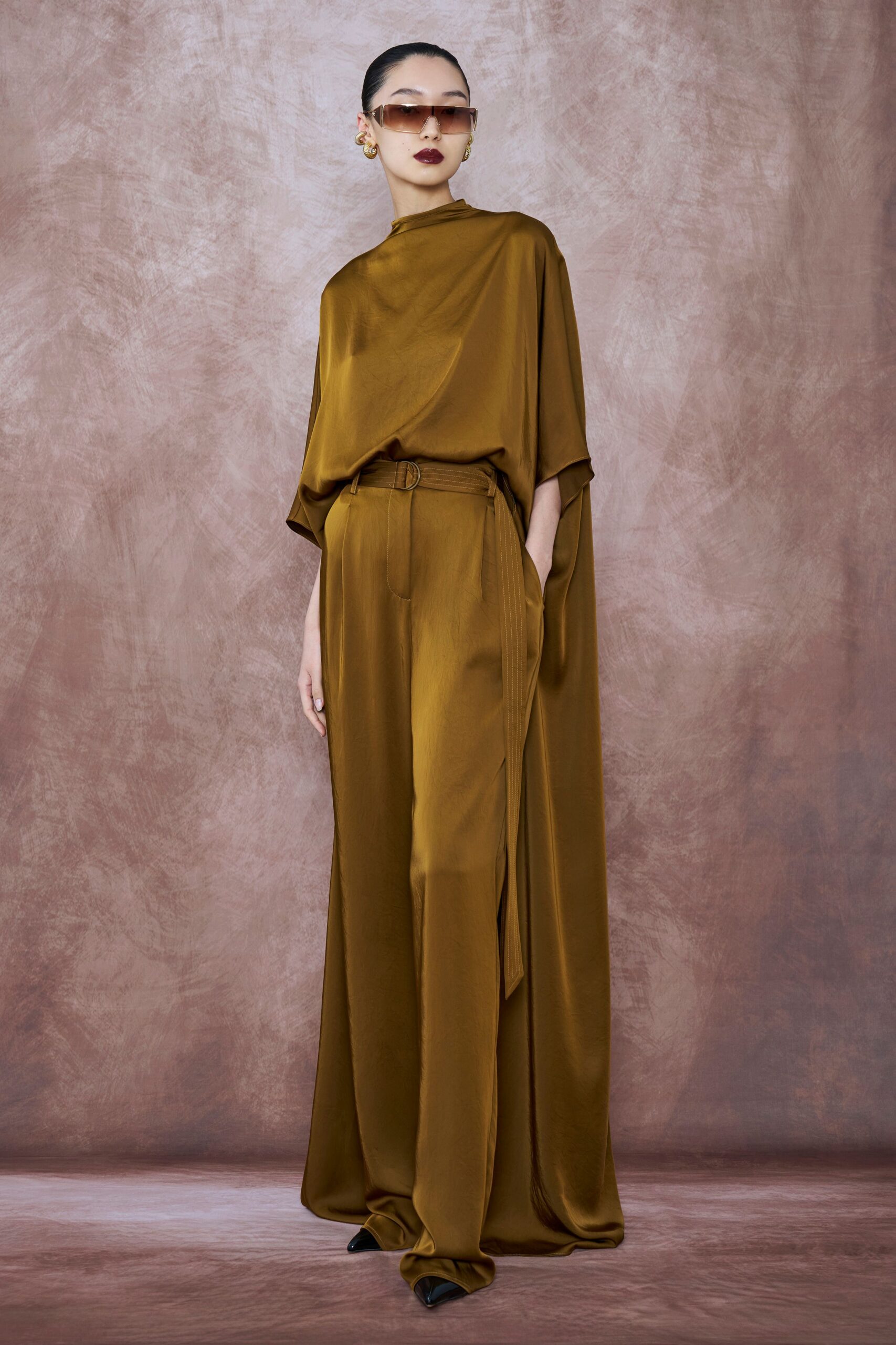 brown silk long-sleeve high-neck relaxed draped flowing top