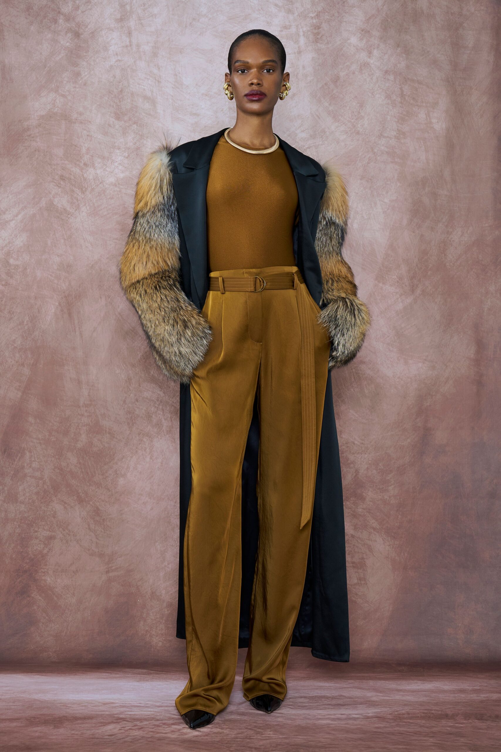 black silk long-sleeve relaxed layered coat