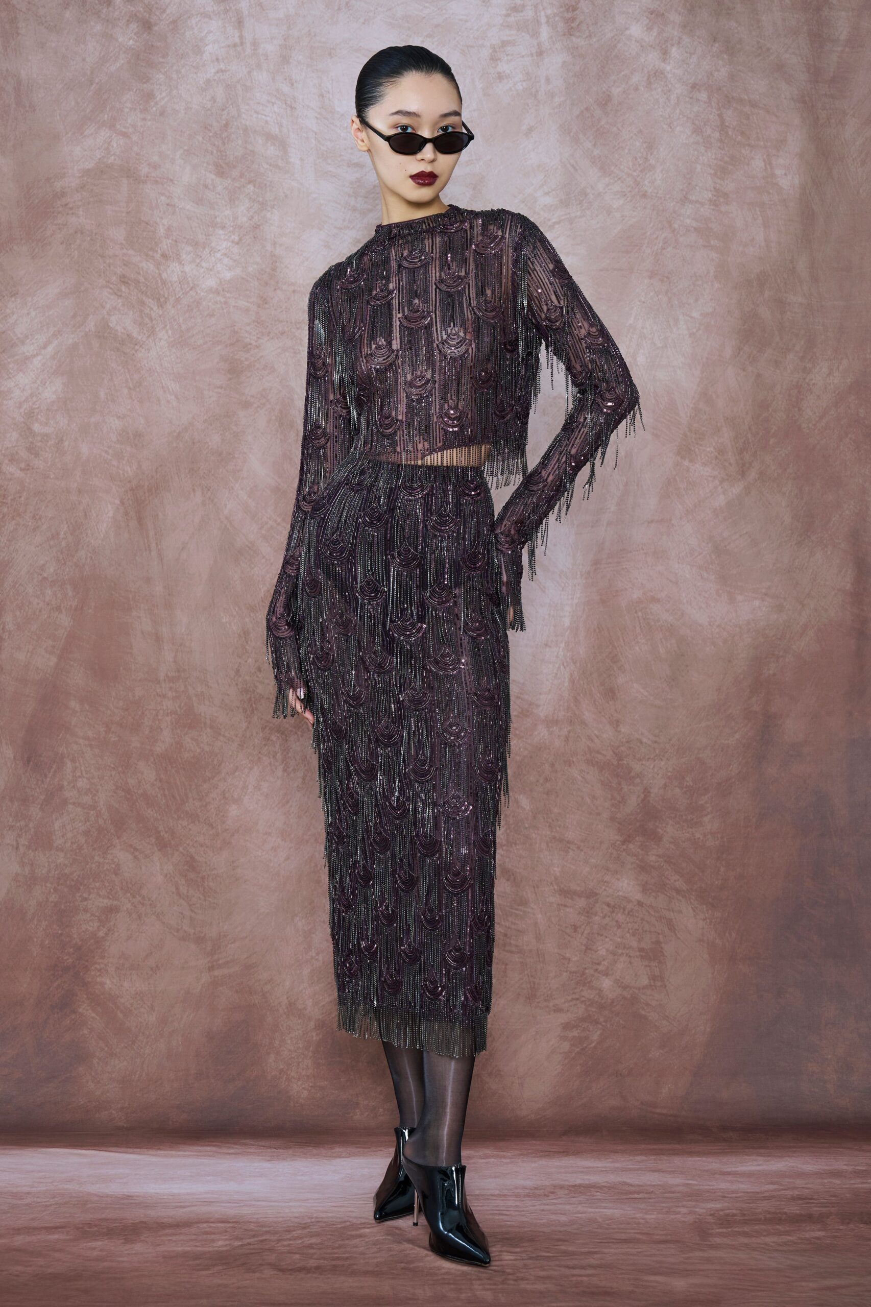 black lace long-sleeve high-neck fitted fringed embroidered top