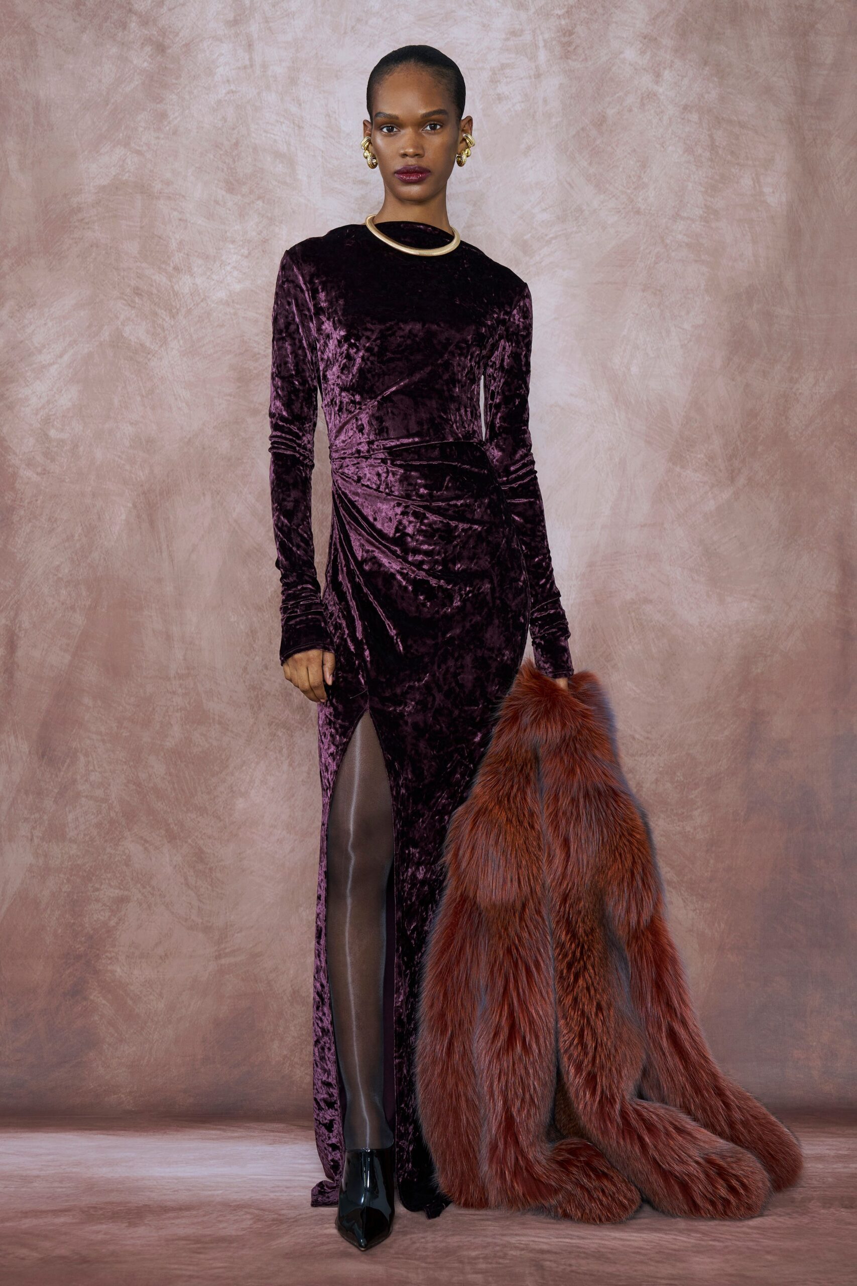 purple velvet long-sleeve high-neck fitted shiny maxi gown