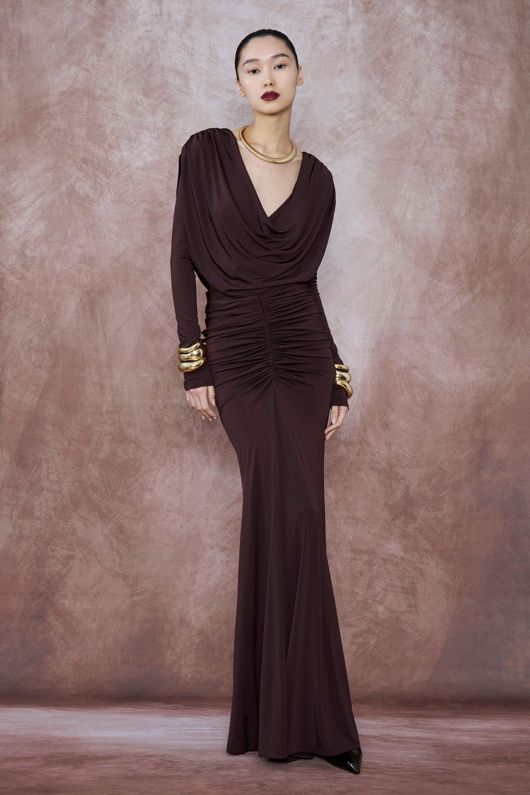 fitted maroon long-sleeve gown