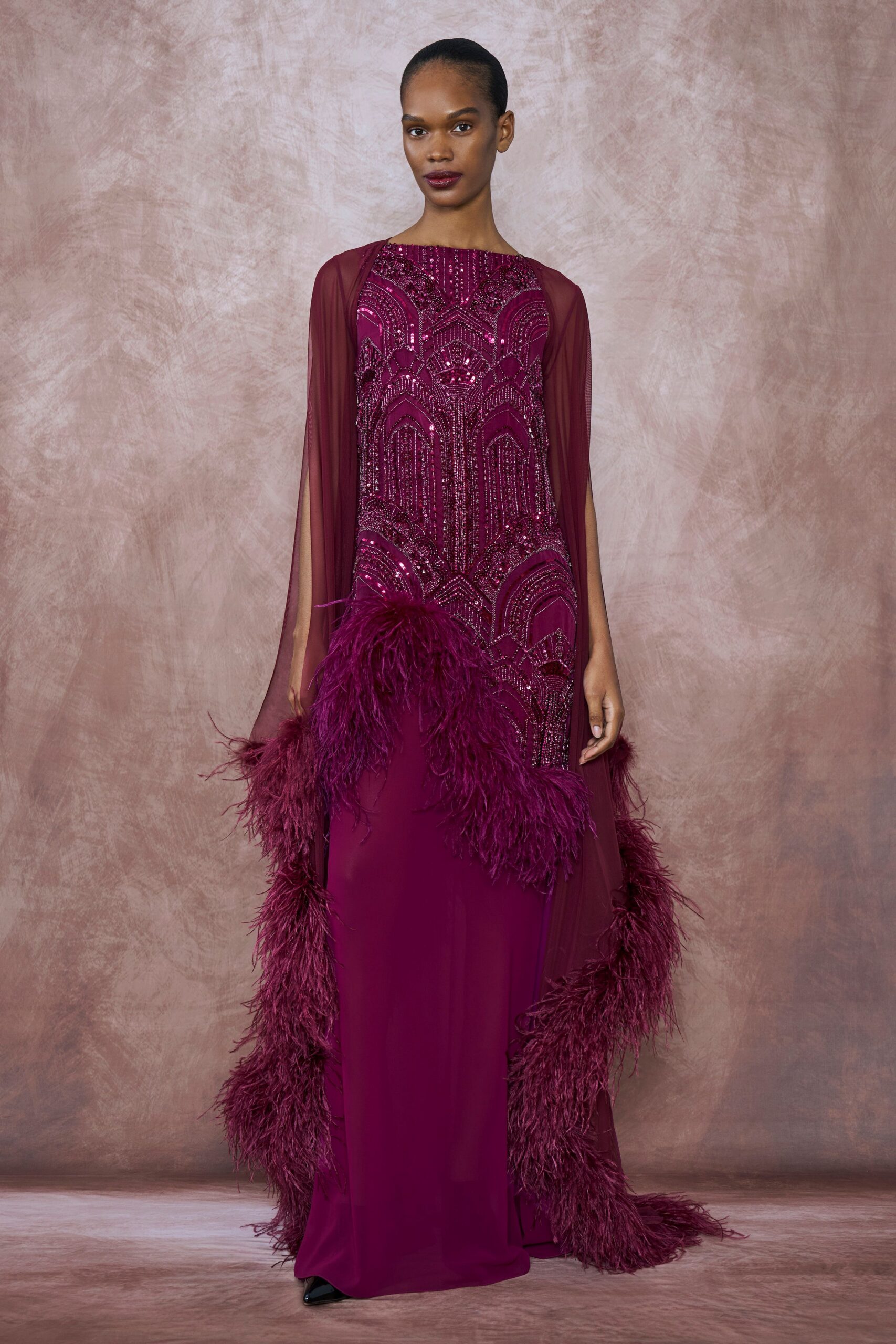maroon beaded long-sleeve gown