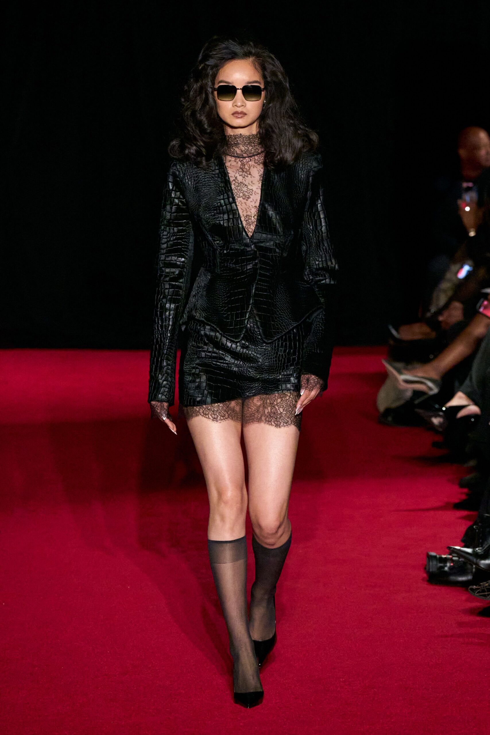 black silk long-sleeve v-neck fitted textured blazer