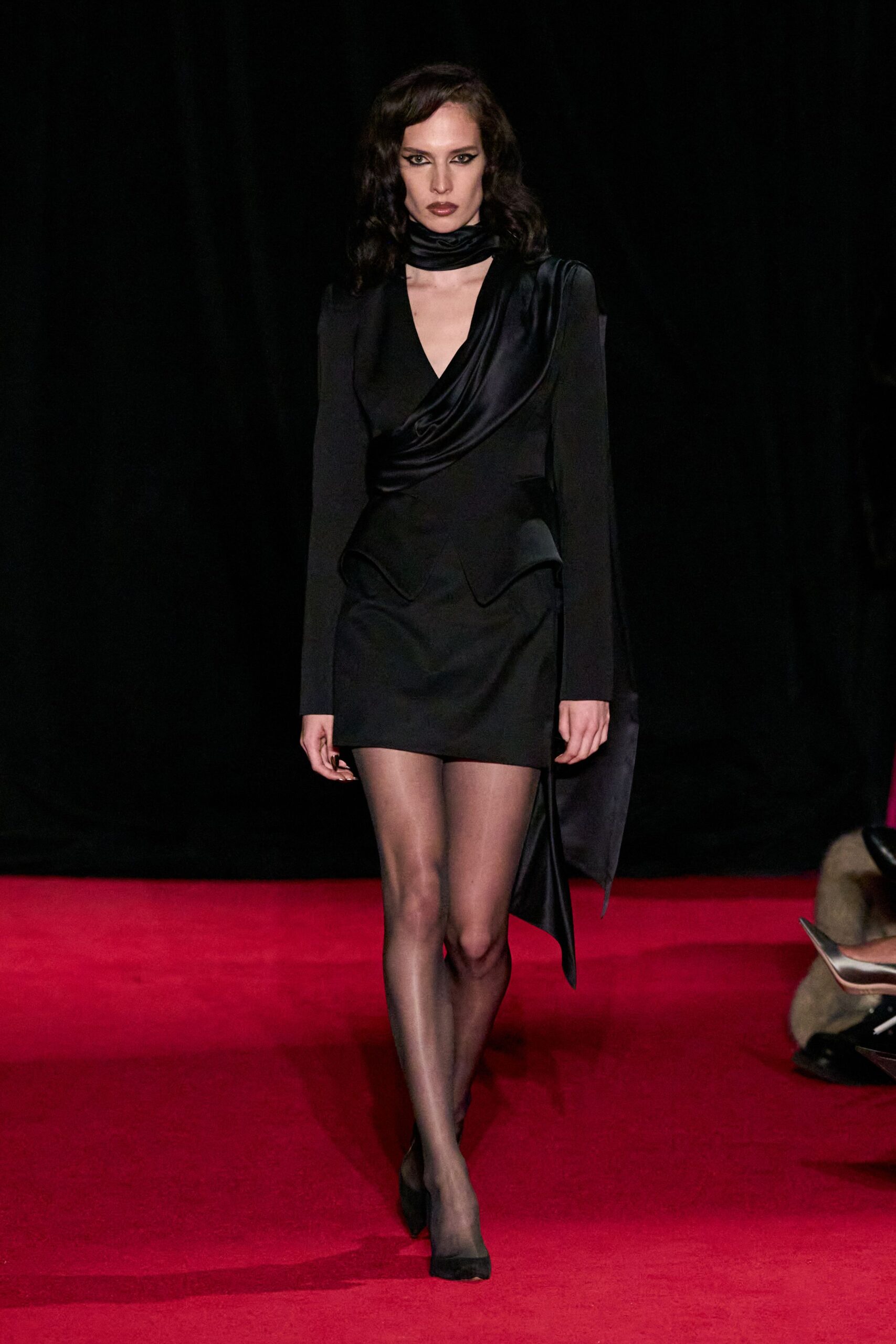 black silk long-sleeve v-neck fitted draped mini dress