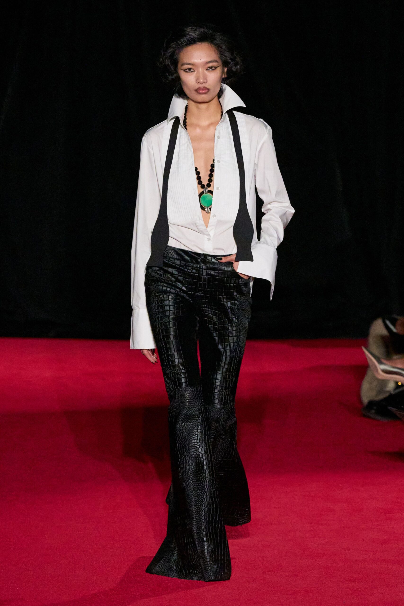 black leather fitted flared textured pants