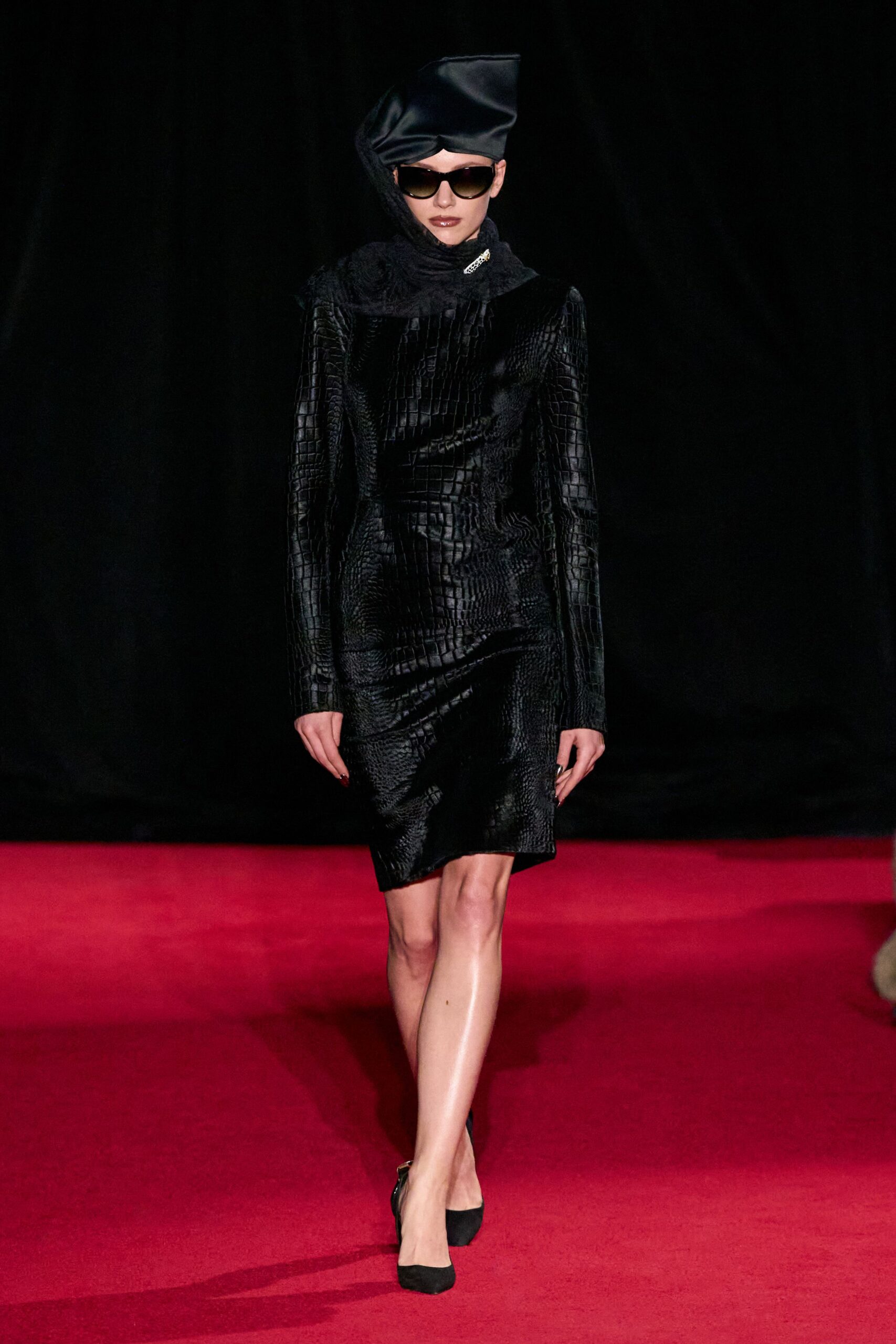 black silk long-sleeve high-neck fitted textured shiny dress